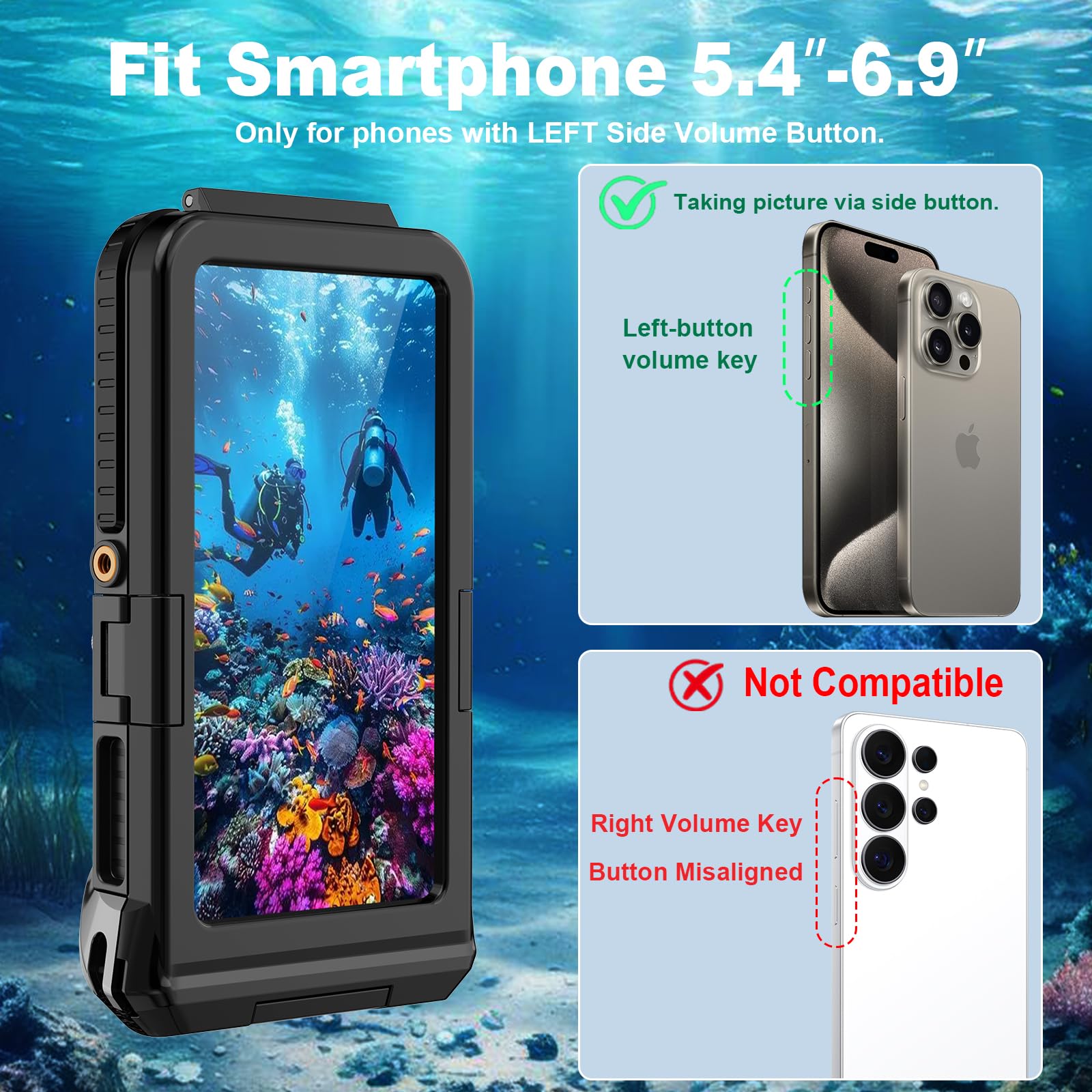 Custodia impermeabile subacquea da 15 m per iPhone 17/16/15/14 | Smartphone da 5,4 a 6,9 pollici, tasto volume del telefono a sinistra, snorkeling, nero viola