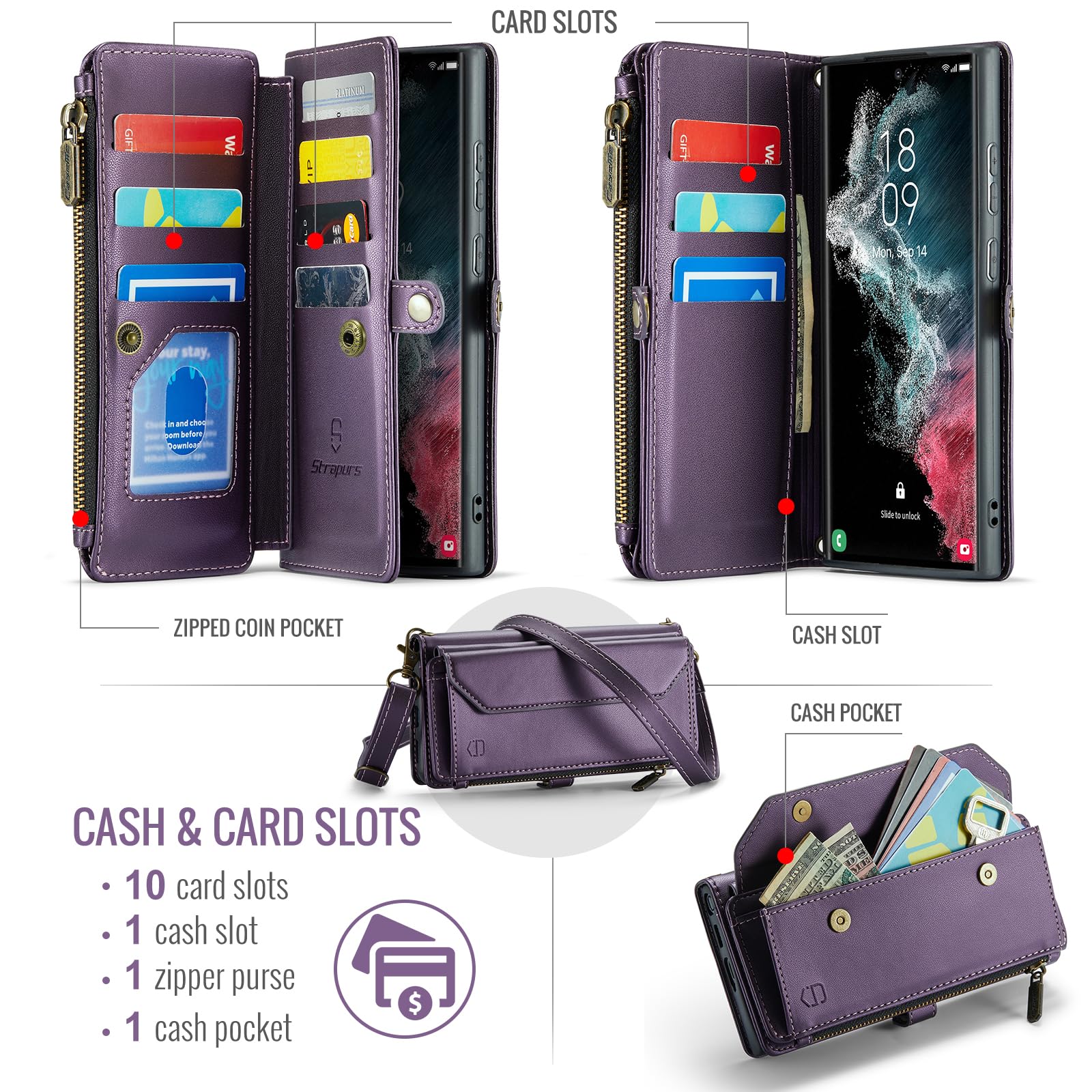 Strapurs Crossbody Wallet Case Compatible with Samsung Galaxy S22 Ultra 5G RFID Blocking 10-Card Holder Soft PU Leather Magnetic Snap Strap Zipper Pocket Phone Case Fit for Galaxy S22 Ultra - Purple