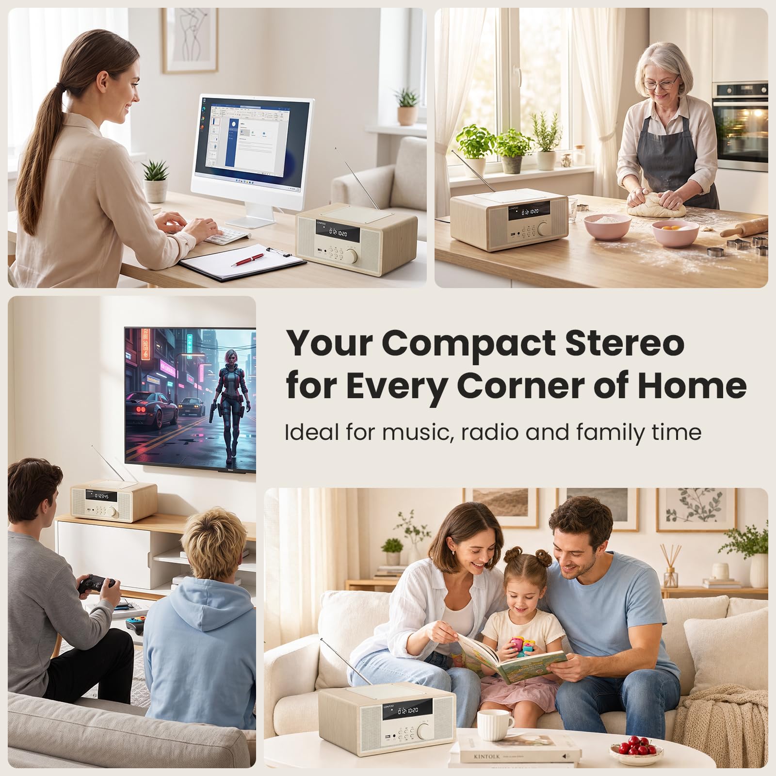 LONPOO Impianto Stereo Casa - 30W Micro HiFi Compatto con lettore CD, Bluetooth, radio FM, USB, AUX-in, display LED e pulsante grande, telecomando (LP-818Y)