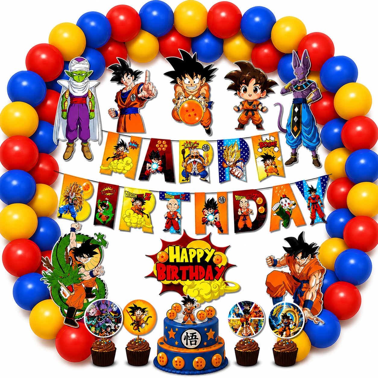 Partyjoy Dragon Ball Z Theme Birthday Decoration Kit for Kids | Happy Birthday Banner with Anime Cartoon Party Supplies | Cake Topper & Cupcake Toppers Set (With multicolor balloons)-image-37