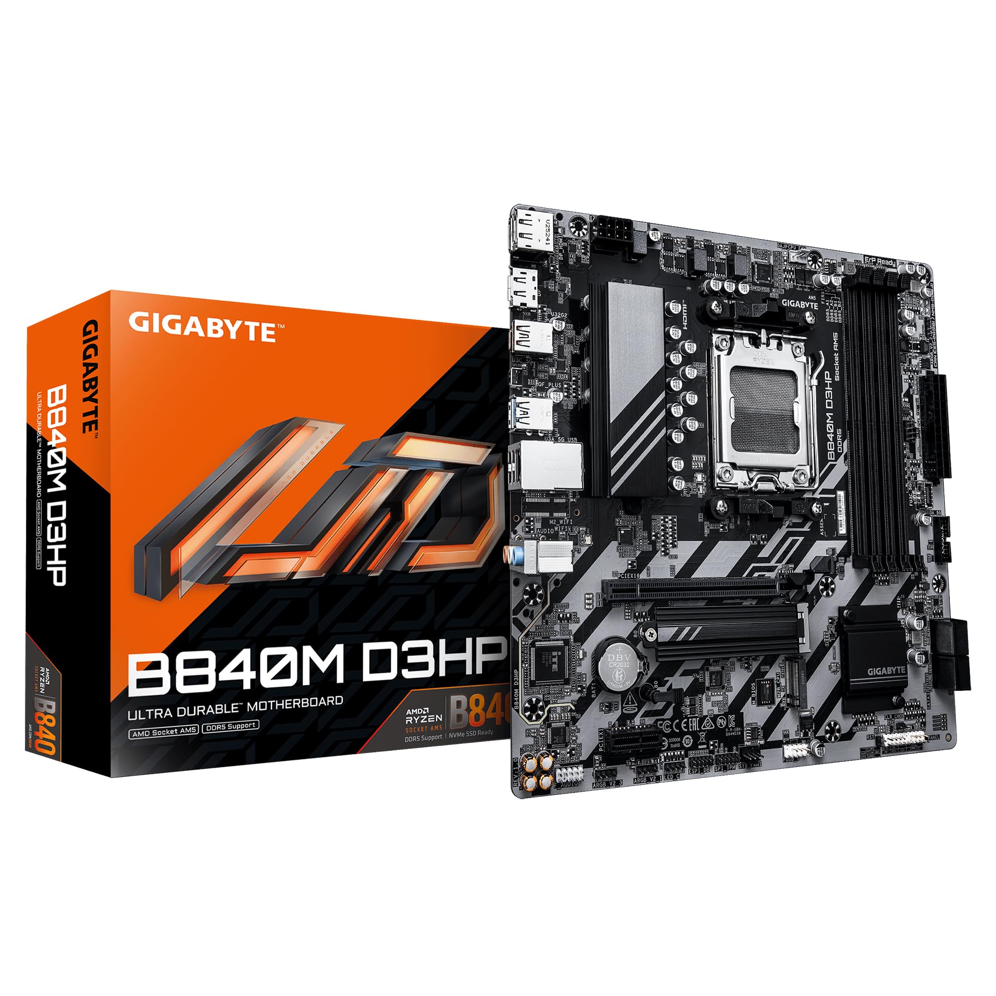 GIGABYTE Płyta główna B840M D3HP - Procesory AMD Ryzen 9000, 8+2+2 fazy VRM, do 8200 MHz DDR5(O.C), 2xPCIe 4.0 M.2, 1 GbE LAN, USB 3.2 Gen 2