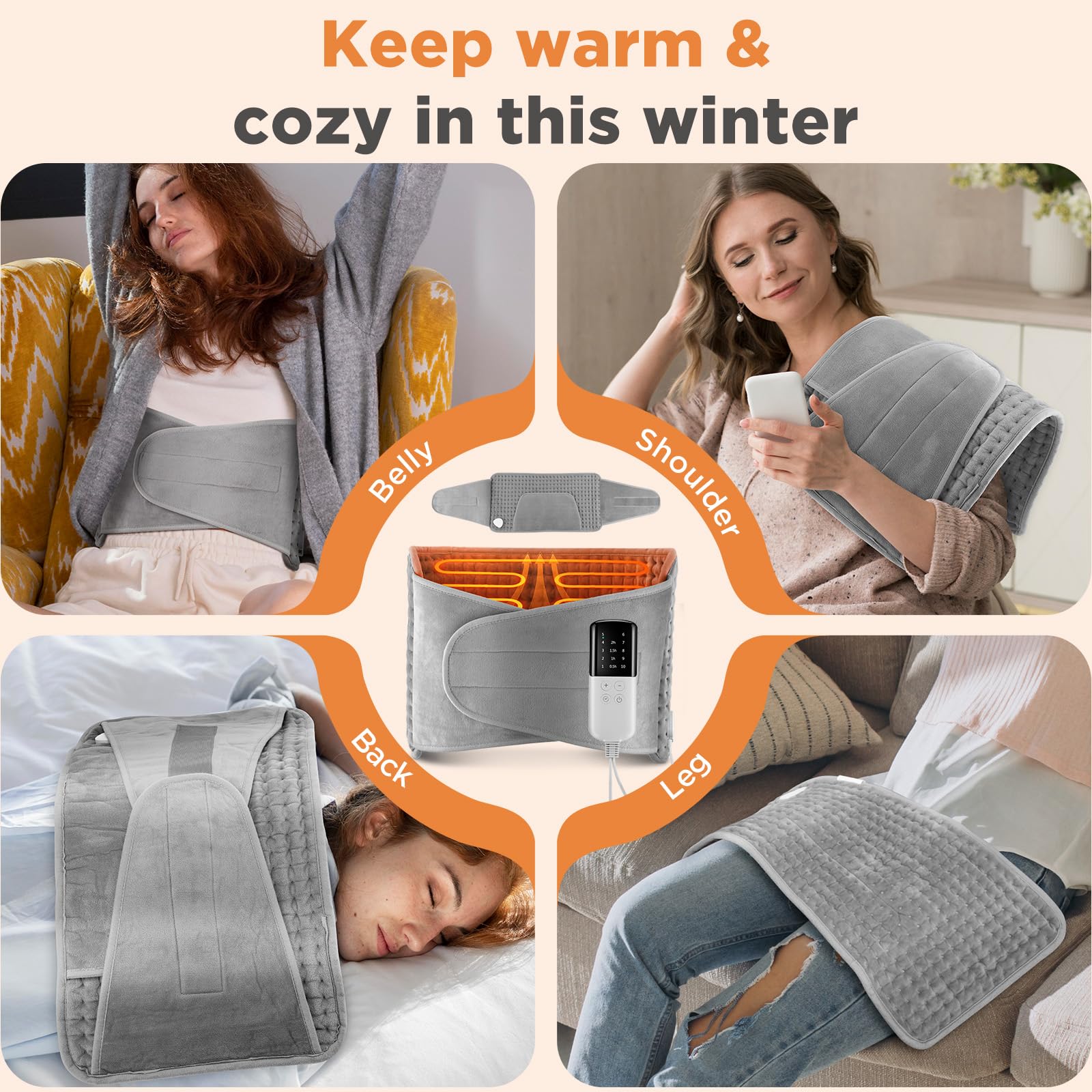 Coperta elettrica contro il mal di schiena, 30 x 120 cm cuscino termico per dolori di regolazione, pad riscaldante per schiena, 10 livelli di calore, 4 timer, funzione di riscaldamento rapido,