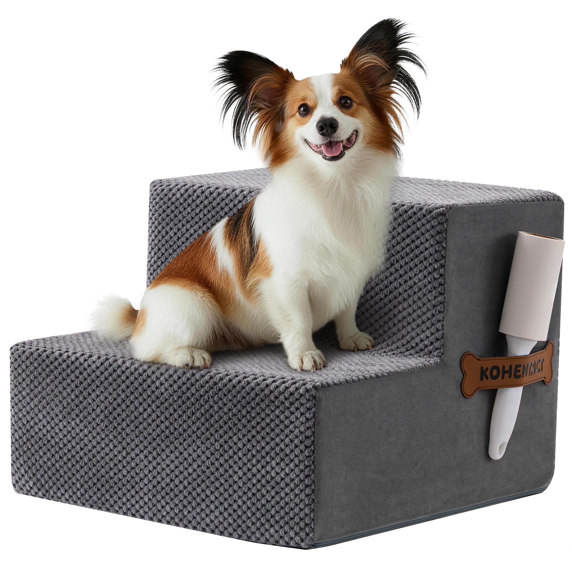 Scaletta per Cani e Rampa per Letto Alto e Divano, 33-61 cm Scala Rimovibile per Cani Piccoli e Medi, Schiuma 40D Robusta, Antiscivolo, Rivestimento Lavabile con Rullo Levapelucchi, Grigio
