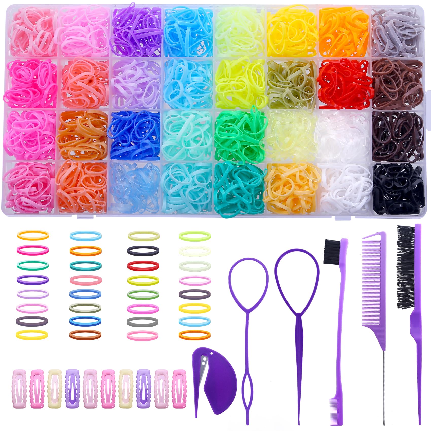 Mini élastiques pour cheveux en 32 couleurs – Set avec 16 outils pour le coiffage, 2000 mini élastiques, coupeur et accessoires de Noël pour filles