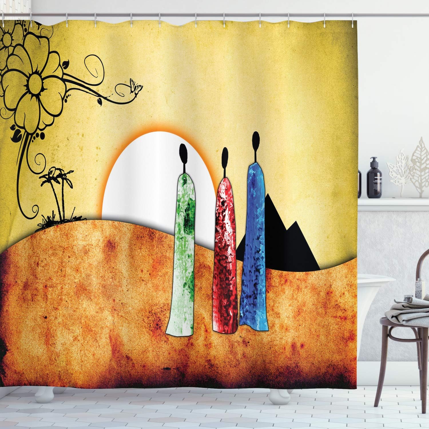 Ambesonne African Shower Curtain, People Facing Large Sun Savannah Desert Boho Wildlife Illustration, Cloth Fabric Bathroom Decor Set with Hooks, 69" W x 75" L, Pale Green Brown White