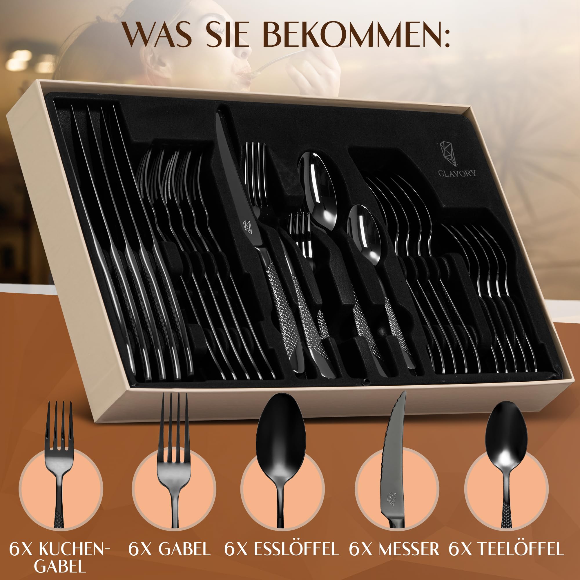 Glavory Aurora - Besteck Set Schwarz gestanzt - Besteck für 6 Personen 30teilig - rostfreier 18/8 Edelstahl - schwarzes Besteck spülmaschinenfest mit edler Verpackung - 2 in 1 Steakmesser