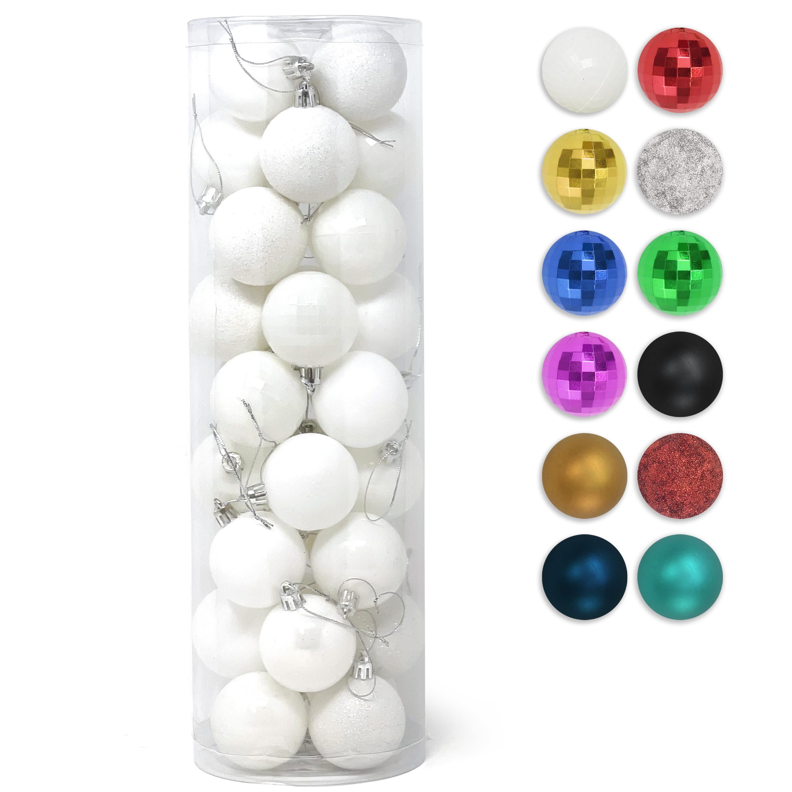 Allgala Christmas Balls 36 PK 2 Inch (5CM) Pre-Strung Shatter Proof Christmas Ornament Balls for Xmas Tree-4 Style-White
