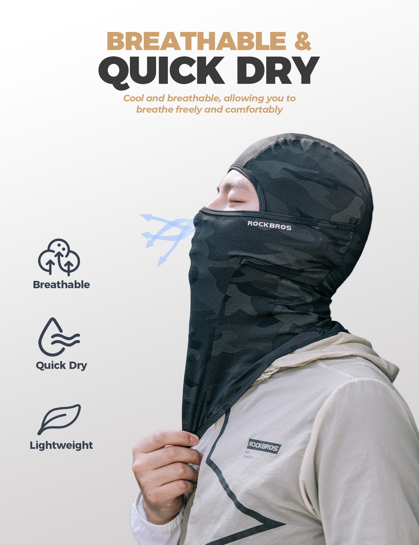 ROCKBROS Pasamontañas para moto, hombre y mujer, pasamontañas, transpirable y ligero, protección UV, adecuado para motociclismo, esquí, ciclismo y deportes al aire libre