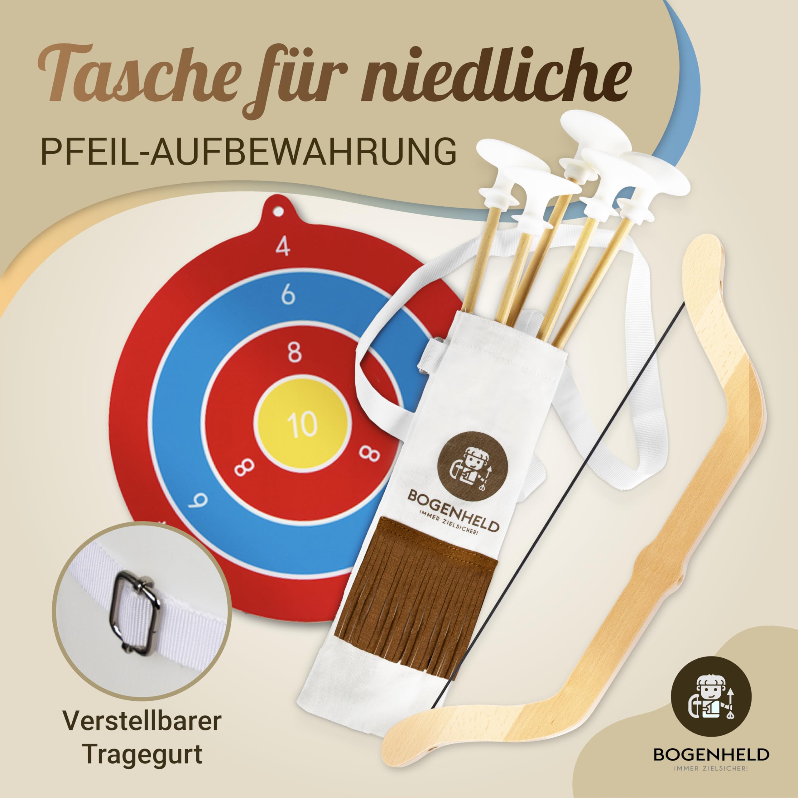 Pfeil und Bogen Kinder | Bogenschießen Set mit 5X Saugnapfpfeile, 1x Pfeiltasche und 1x Zielscheibe | Spielzeugbogen Saugnapf Kinder ab 3 Jahre | Bogenset für Links - und Rechtshänder