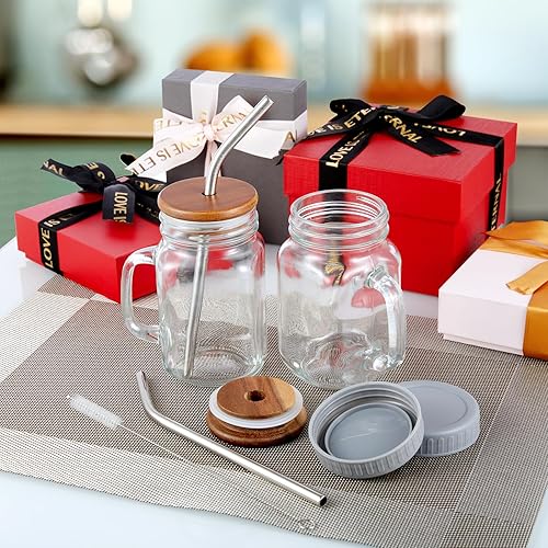 Miniatura 7 de DRASTAR Taza de café helado, tazas de 16 onzas con asa, tazas de café de vidrio pequeñas con pajitas y tapas de acacia, juego de 2 tazas de vidrio