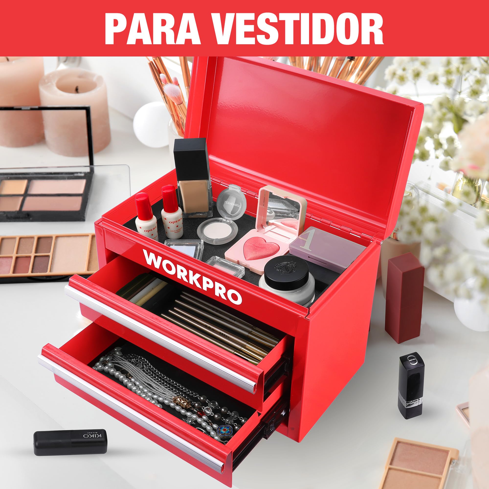 WORKPRO Caja de Herramientas Metálica con 2 Cajones, Organizador Pequeño con Cerradura, Ideal para Guardar Herramientas, Material de Oficina, Joyería y Accesorios en Hogar o Taller - Rojo