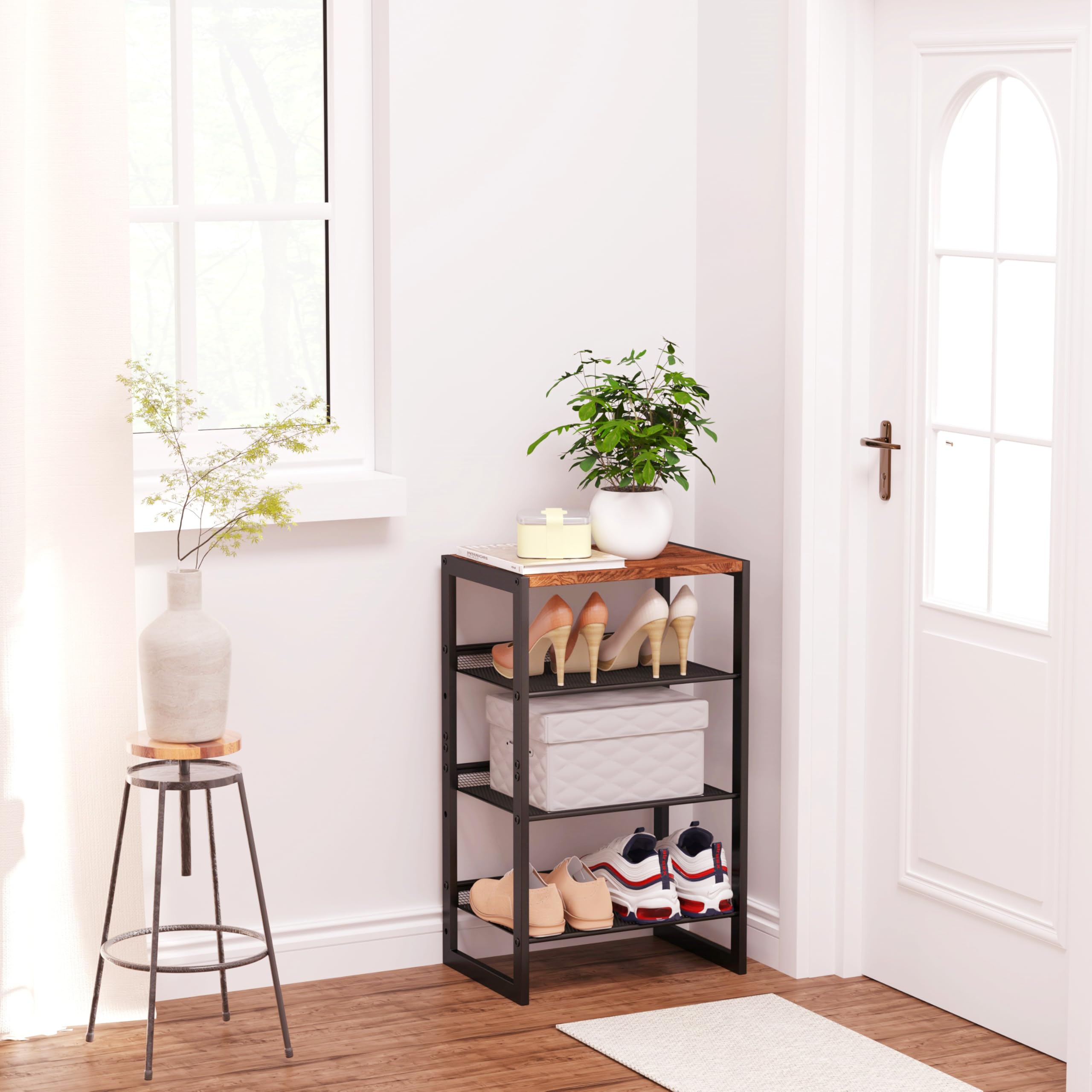CHEMPFR Schmales Schuhregal mit 4 Ebenen, schmales platzsparendes Regal mit dekorativer Holzplatte und Stahlgeflecht, Eingangs-/Schrank-/Schlafsaal-Organizer, 41 x 30 x 70 cm