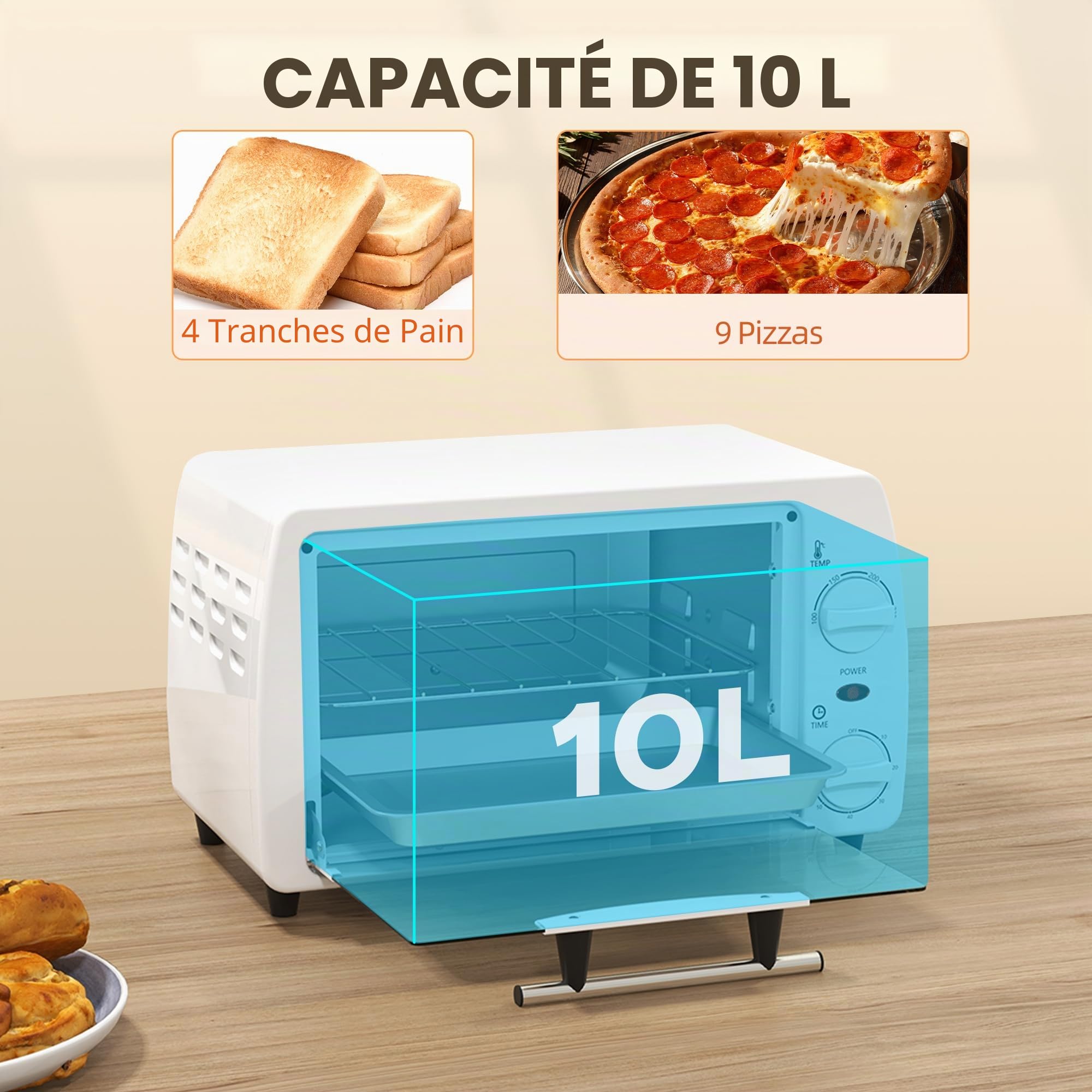 HOMCOM Four électrique de table 10 litres 750 W Petit four électrique avec température jusqu'à 230 ℃ Minuteur 60 minutes Plateau et grille 36,5 x 26 x 22 cm Blanc