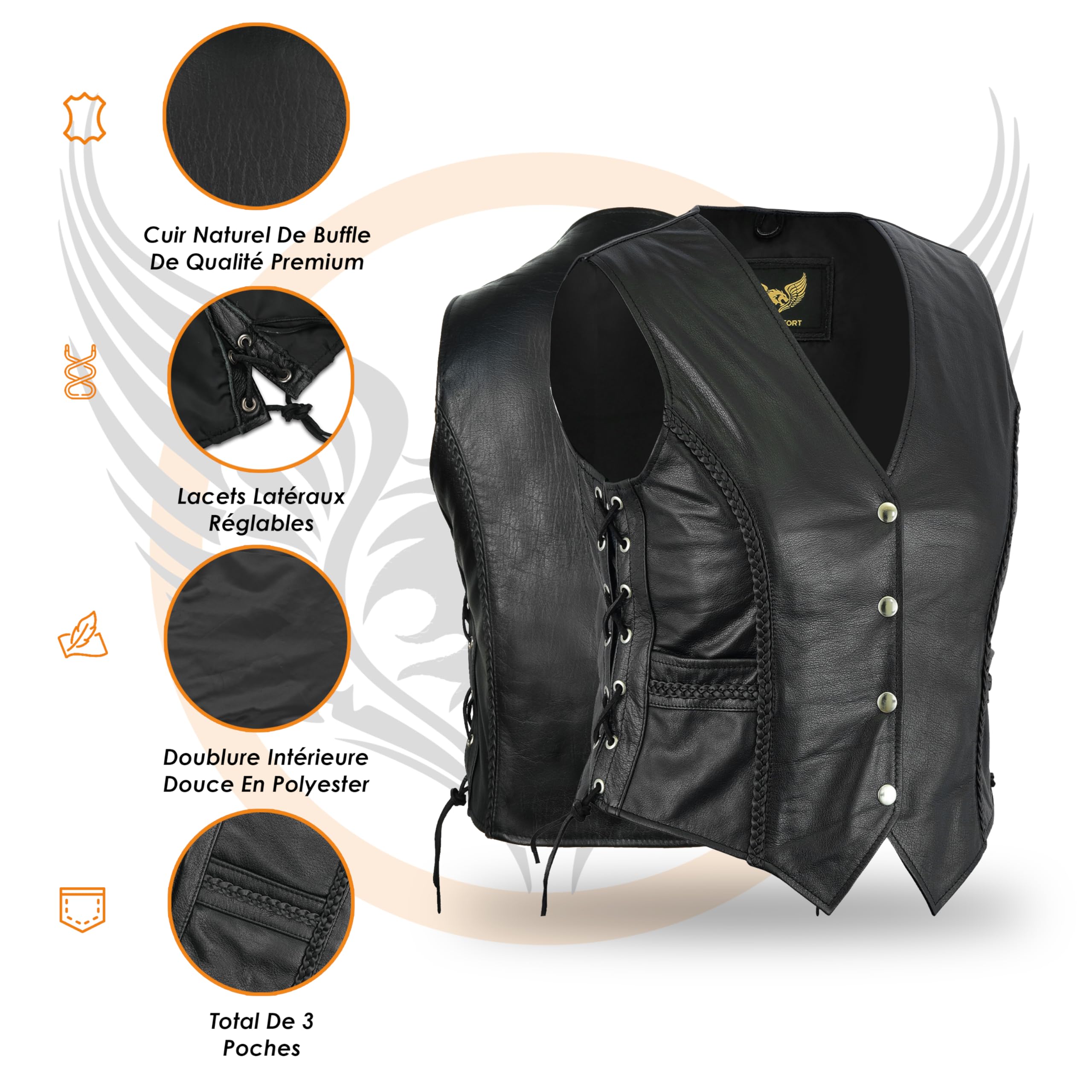 Leatherick Gilet de motarde en cuir pour femme - Gilet de moto en cuir de buffle haut de gamme avec détails tressés à la main et lacets latéraux
