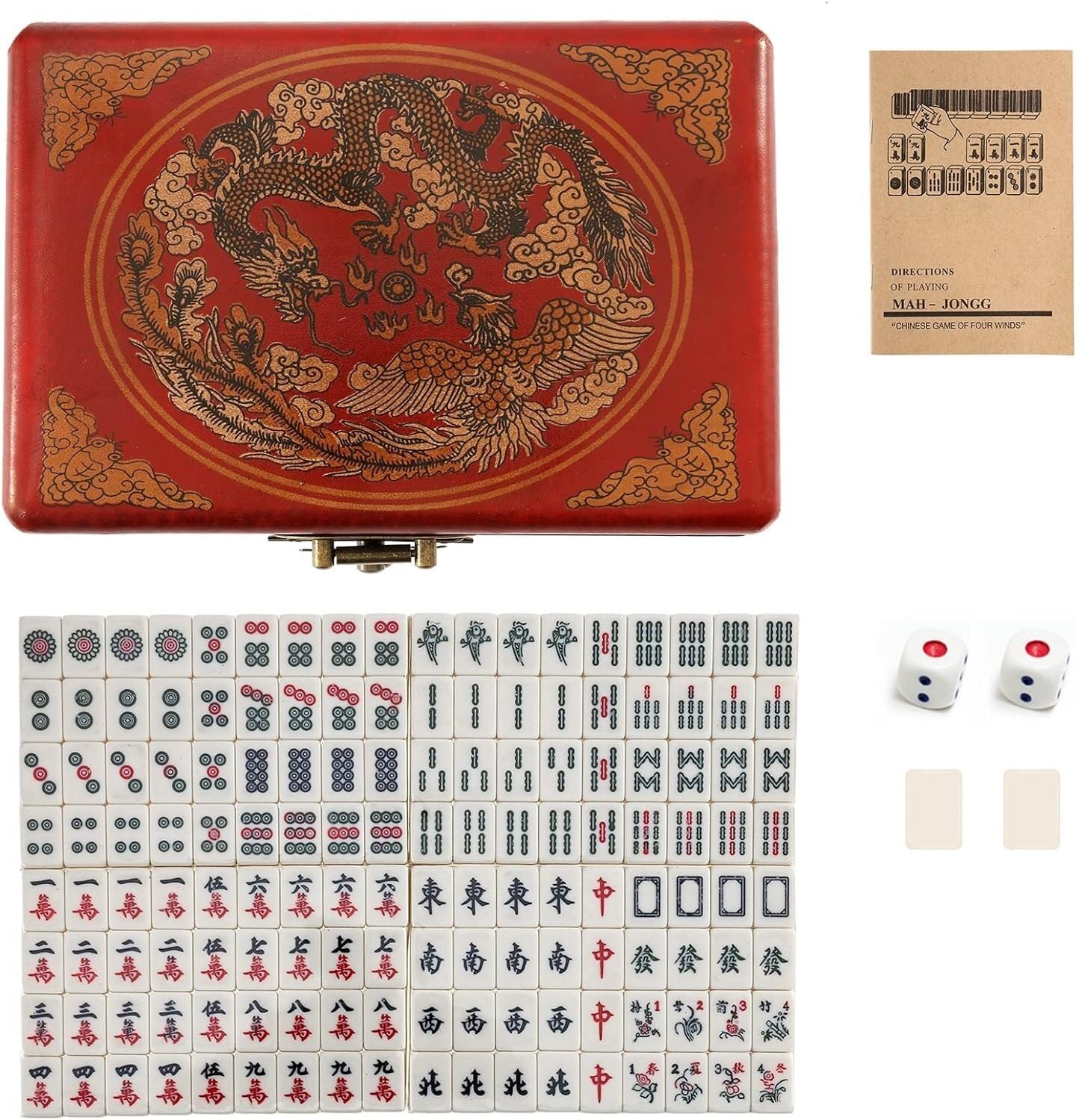 Mini chiński zestaw Majong Solidna gra MahJong 144 szt. Zestaw płytek Mahjong 2 szt. Kości i skórzany futerał do przenoszenia(6.7''X6.5''X4.3'')