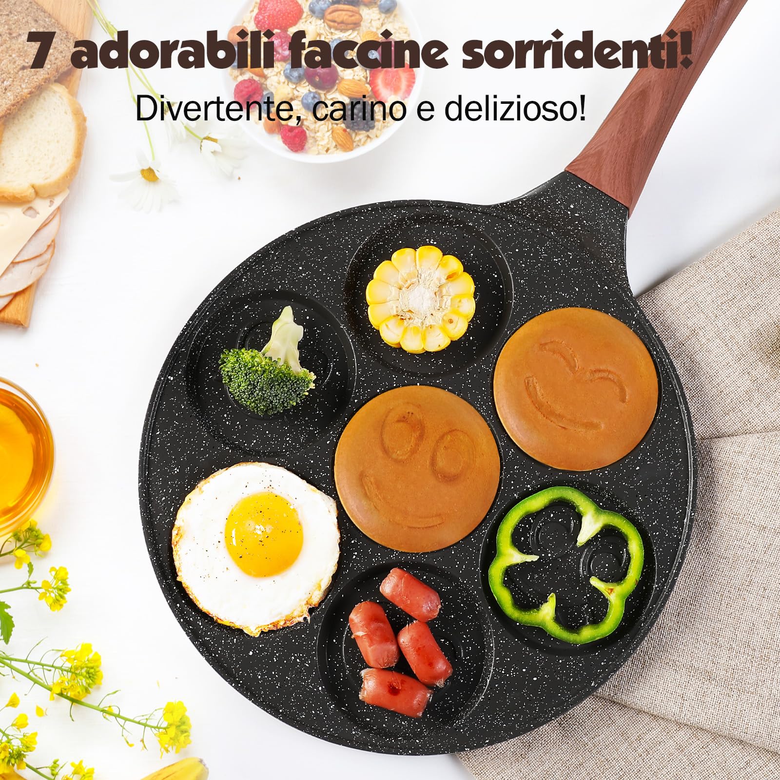 YASHE Pancake Padella per bambini con Smiley, 7 fori, in alluminio pressofuso, perfetta per la colazione dei bambini, brunch, feste e festività