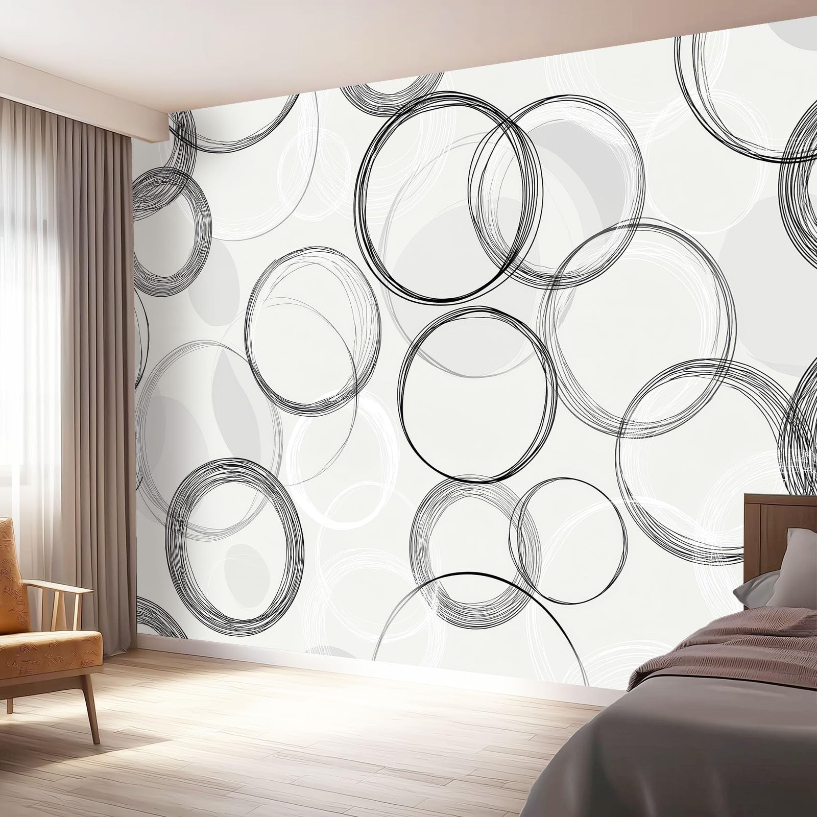 Fotomurales Círculos simples y líneas Papel pintado tejido no tejido decoración Pared decorativos 400 x 280 cm Sala Cuarto Oficina Salón Decoración Casa Gris Negro