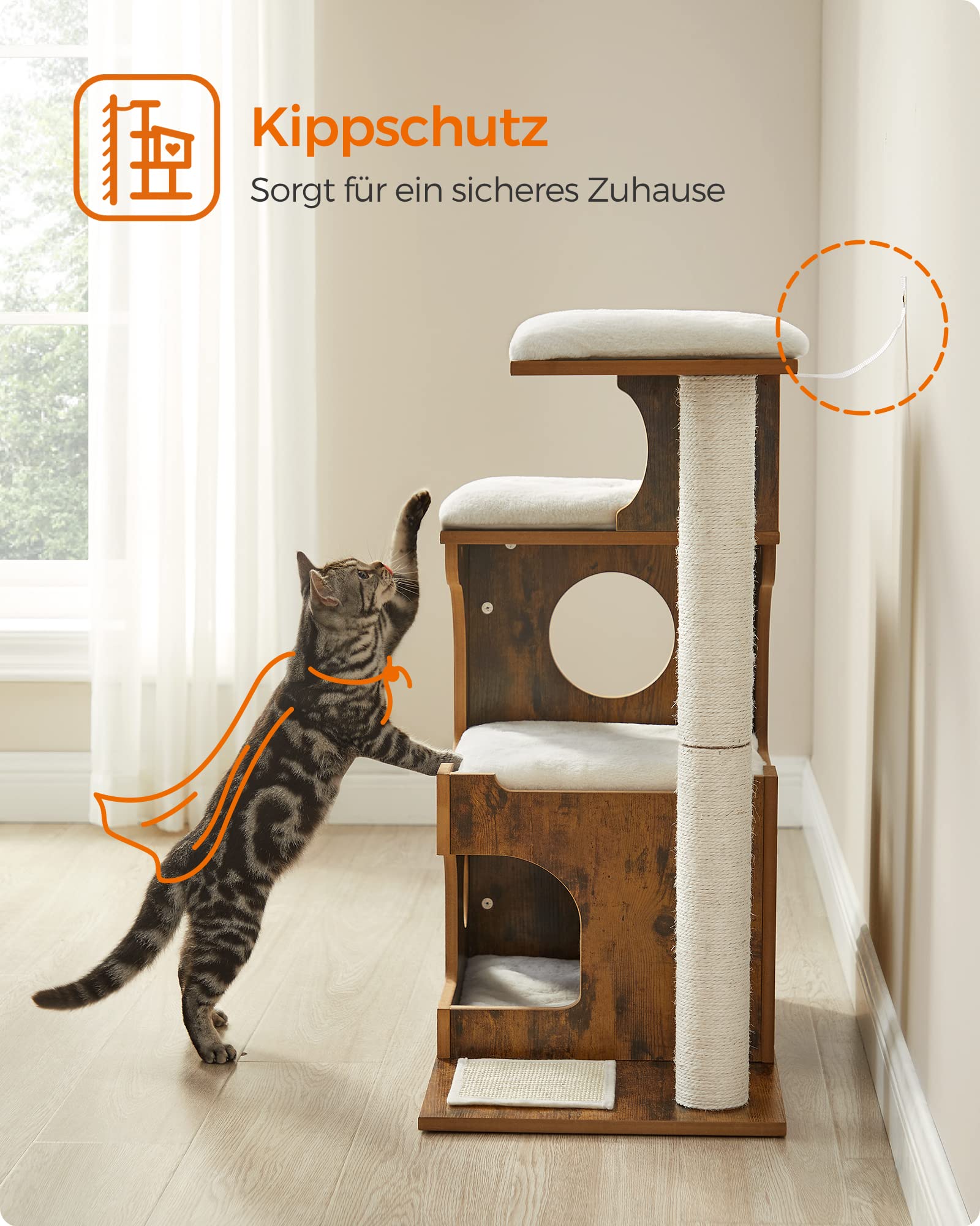 Feandrea Kratzbaum, 86 cm hoher Katzenbaum, Spanplatten-Katzenkratzbaum, mit Höhle, Liegeflächen, Säule und Sisal-Kratzmatte, waschbare Plüschkissen, vintagebraun PCT70HW