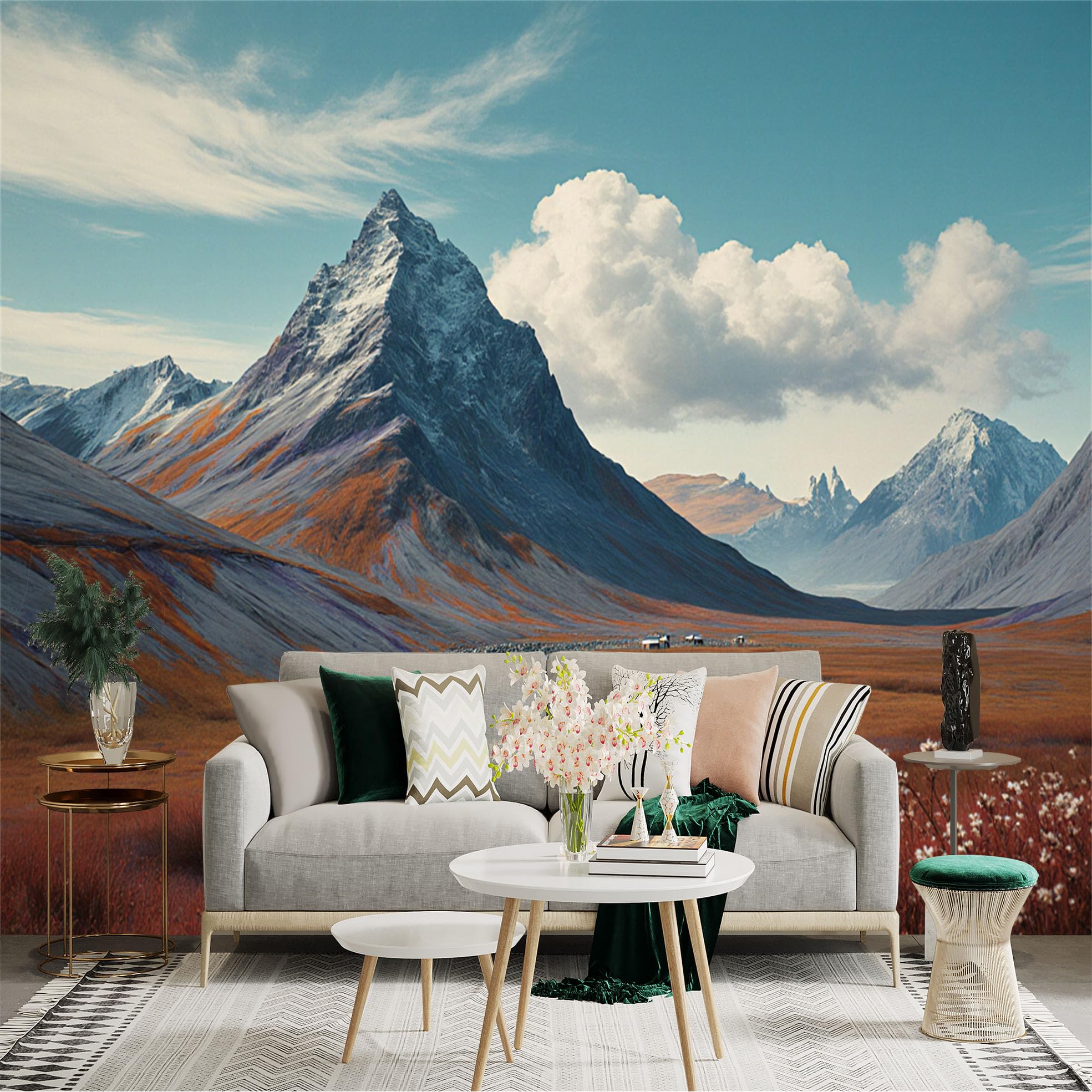 Lnzczhyre Xc260505611 Custom Size Wall Sticker Mural， Majestic Snowy Mountain Peaks， Vast Wilderness Meadow， Scenic Natural Valley Landscape， For Wall Decoration， Peelandstick Wall Decals.