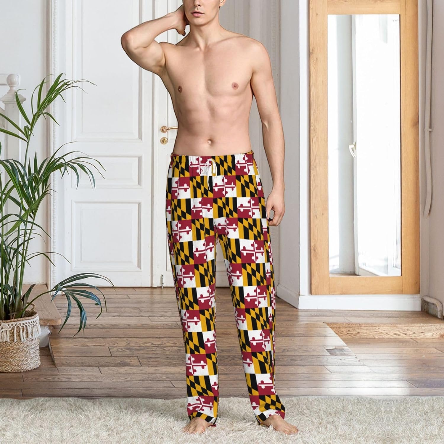 Maryland State Flag Print Mens Flannel Pajama Pants,Warm Christmas Pjs,Comfortable Lounge Pants for Men