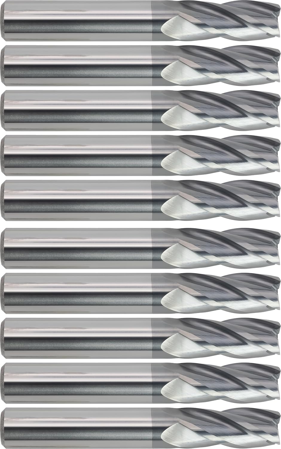 10 pcs Solid Carbide End Mills, Square Nose, TiAlN Coated, 3/8 Mill Diameter, 7/8 Length of Cut, 2 1/2 Overall Length, 4 Flute, Center Cutting
