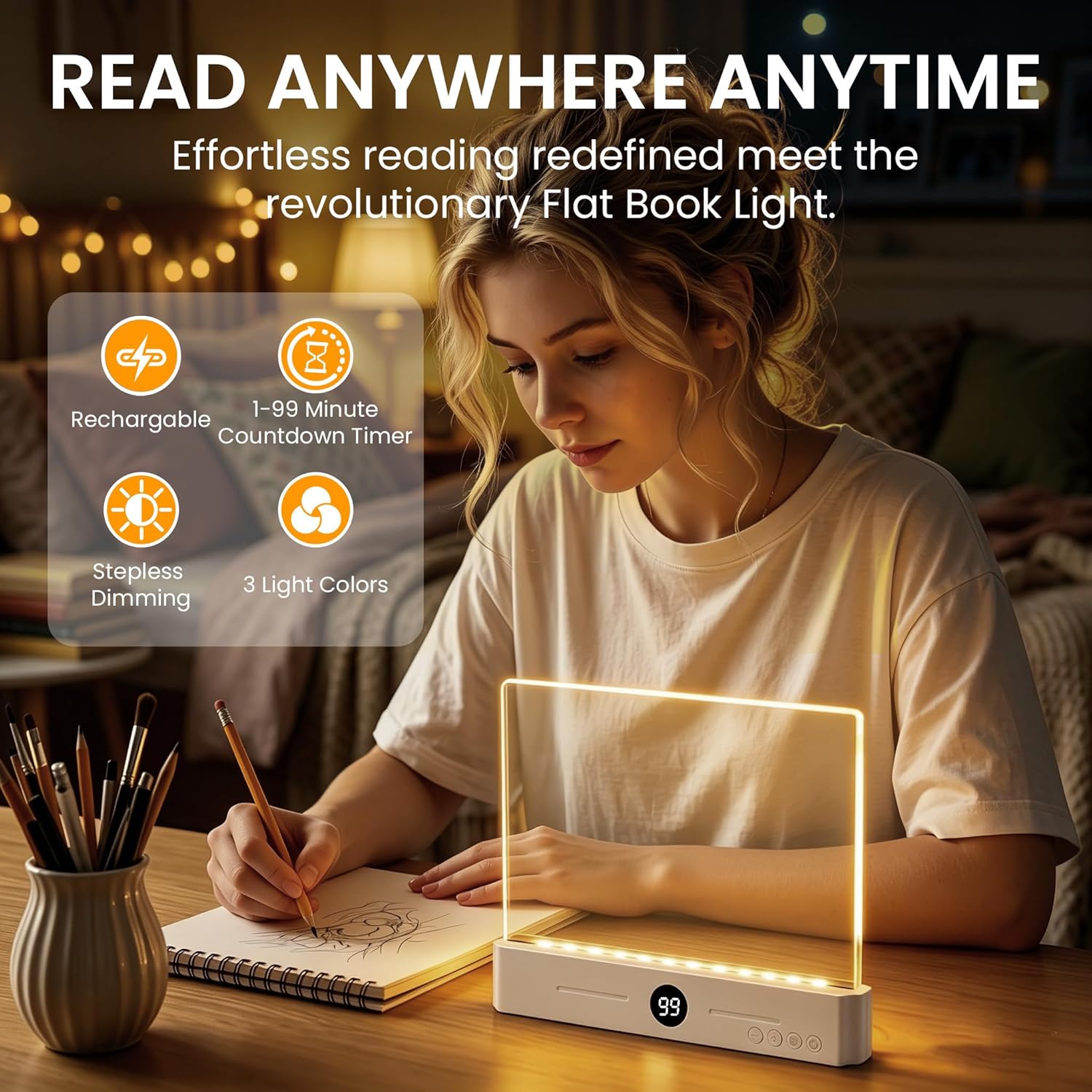 Upgraded Book Light, Rechargeable LED Book Light for Reading in Bed, Clear Flat Panel Full Page Light, 3 Color Temperatures &Timer, Eye-Caring Night Reading Lamp, Book Gifts for Readers Women Kids