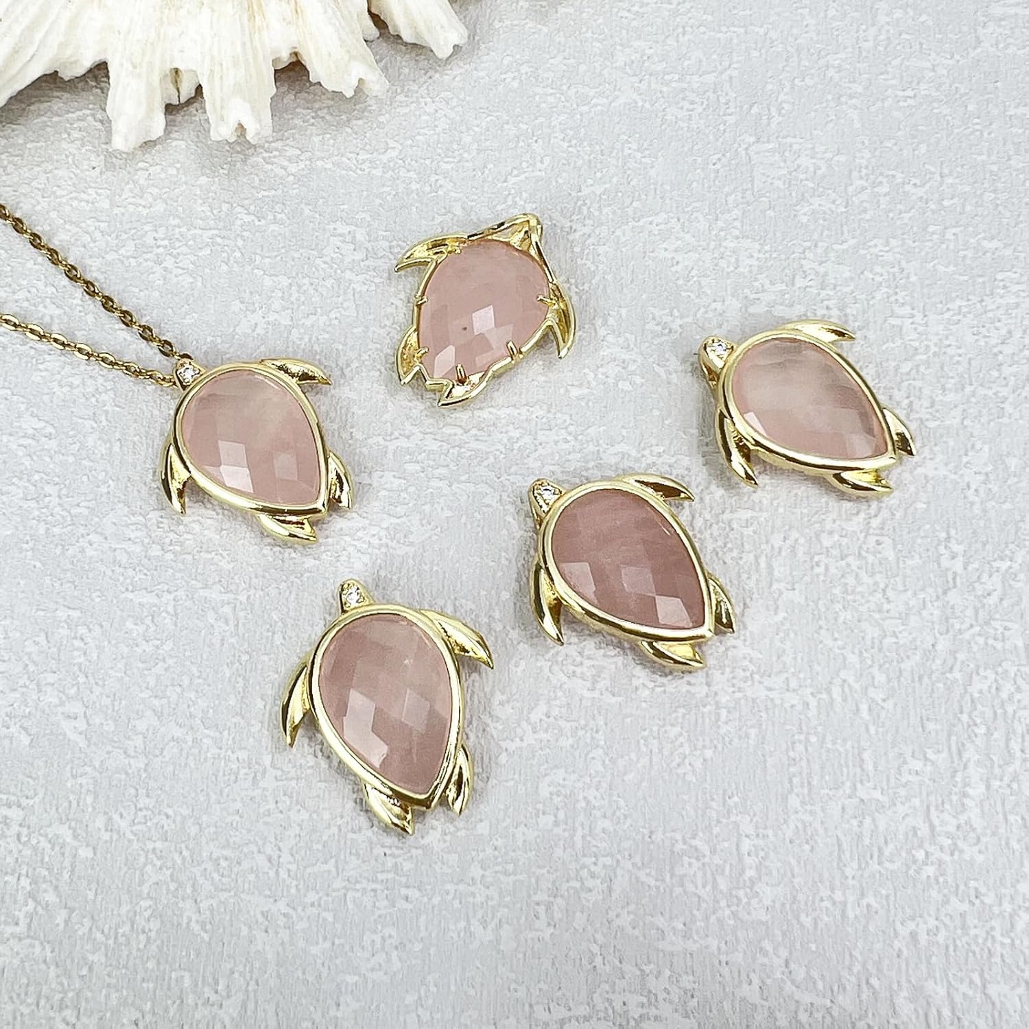 Sea Turtle Necklace, 18K Gold Plated Dainty Turtle Rose Quartz Necklace for Women, Natural Gemstone Beach Necklace Charm Jewelry - Image 5