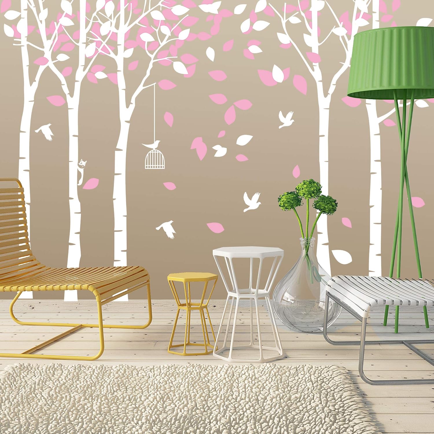 Amaonm 104"x71" Giant Large Jungle 5 White Trees Wall Decals Pink Leaves and Fly Birds Wallpaper Wall Decor DIY Vinyl Wall Stickers for Kids Bedroom Living Room Nursery Rooms Offices Walls (Pink)