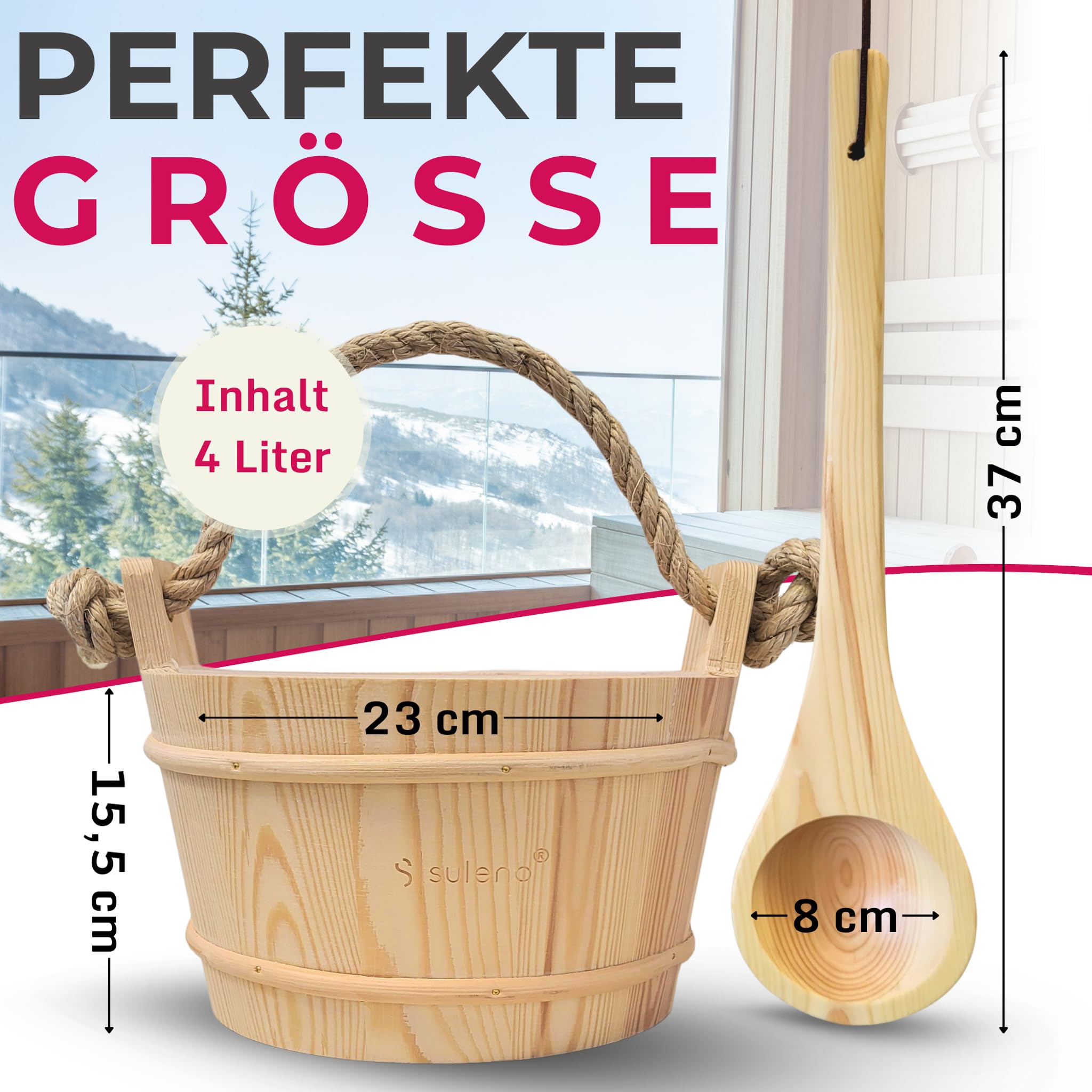 Suleno Sauna Zubehör Set - Saunaeimer mit Kelle aus Nadelholz, PVC-Einsatz, Auslaufsicher, Naturholz, Extralange & tropffreie Saunakelle, Aufgusseimer Set, Hochwertiges Sauna Set 3-teilig