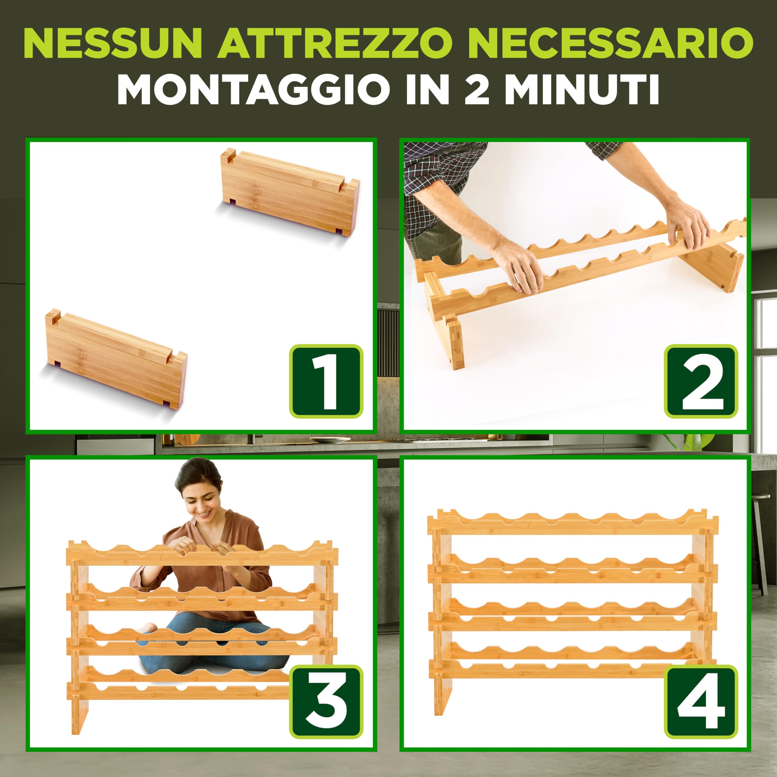NutriChef Portabottiglie Vino Modulare in Bambù, Cantinetta Vino Legno Impilabile a 4 Ripiani per 24 Bottiglie Formato Magnum (Diametro 10 cm), Design a Croce 2x