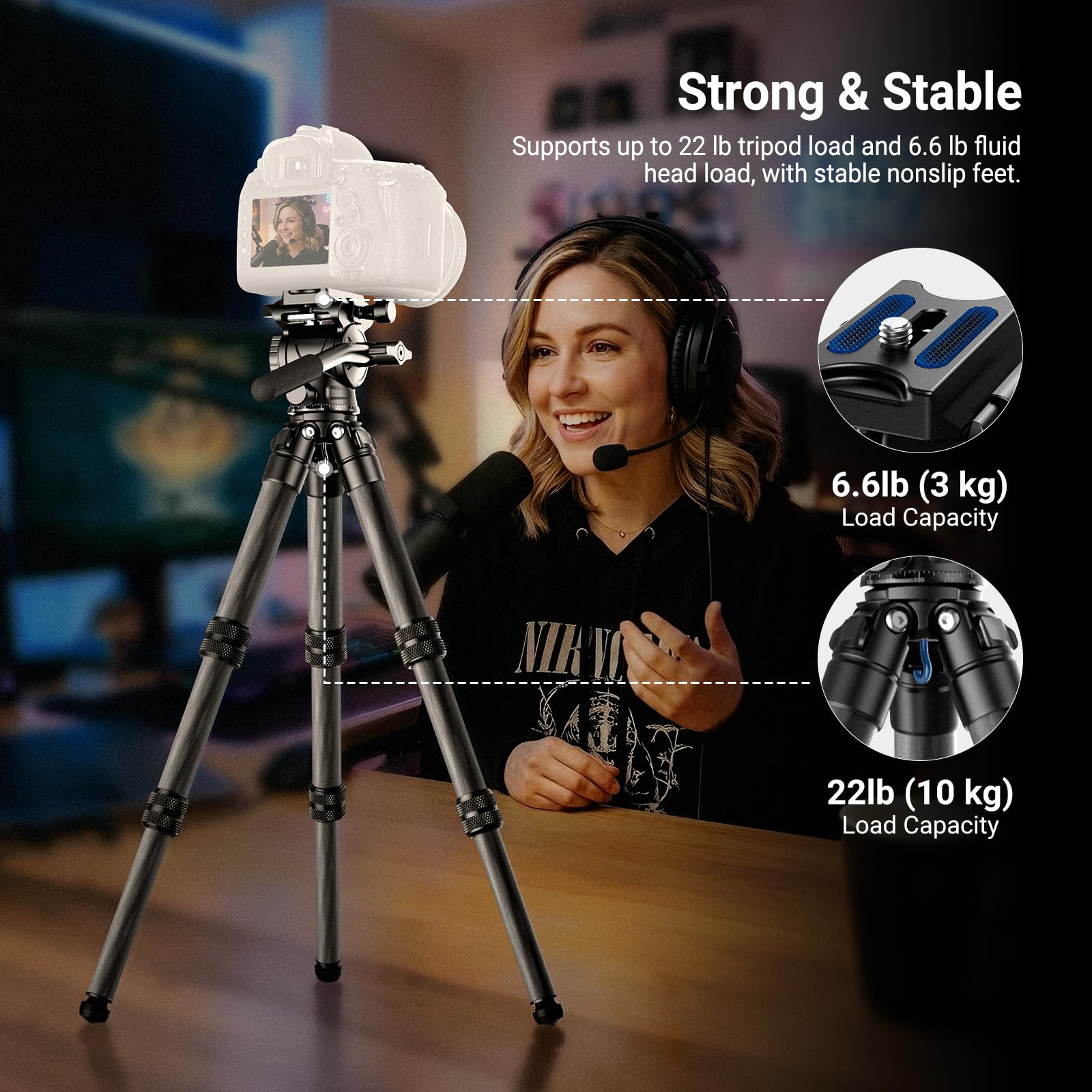NEEWRE Statyw biurkowy z włókna węglowego do aparatu, przenośny statyw podróżny z głowicą płynu wideo, płyta QR do TikTok DSLR Action Camera Video Recording Streaming, maksymalne obciążenie 3 kg, TP10