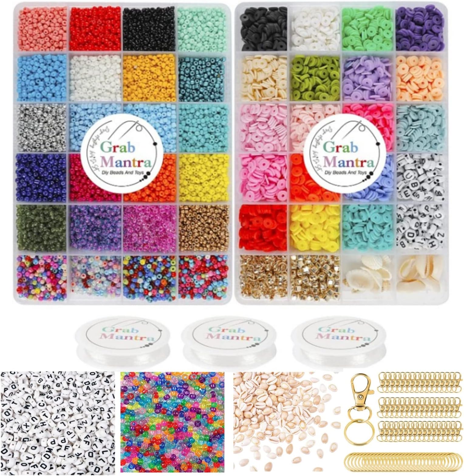 Grab Mantra5000 Pcs 6mm Flat Polymer Clay Spacer Beads, 24 Colors 3mm Glass Seed Beads, Alphabet Letter Beads for Jewelry Making, DIY Bracelet and Necklace Craft Kit