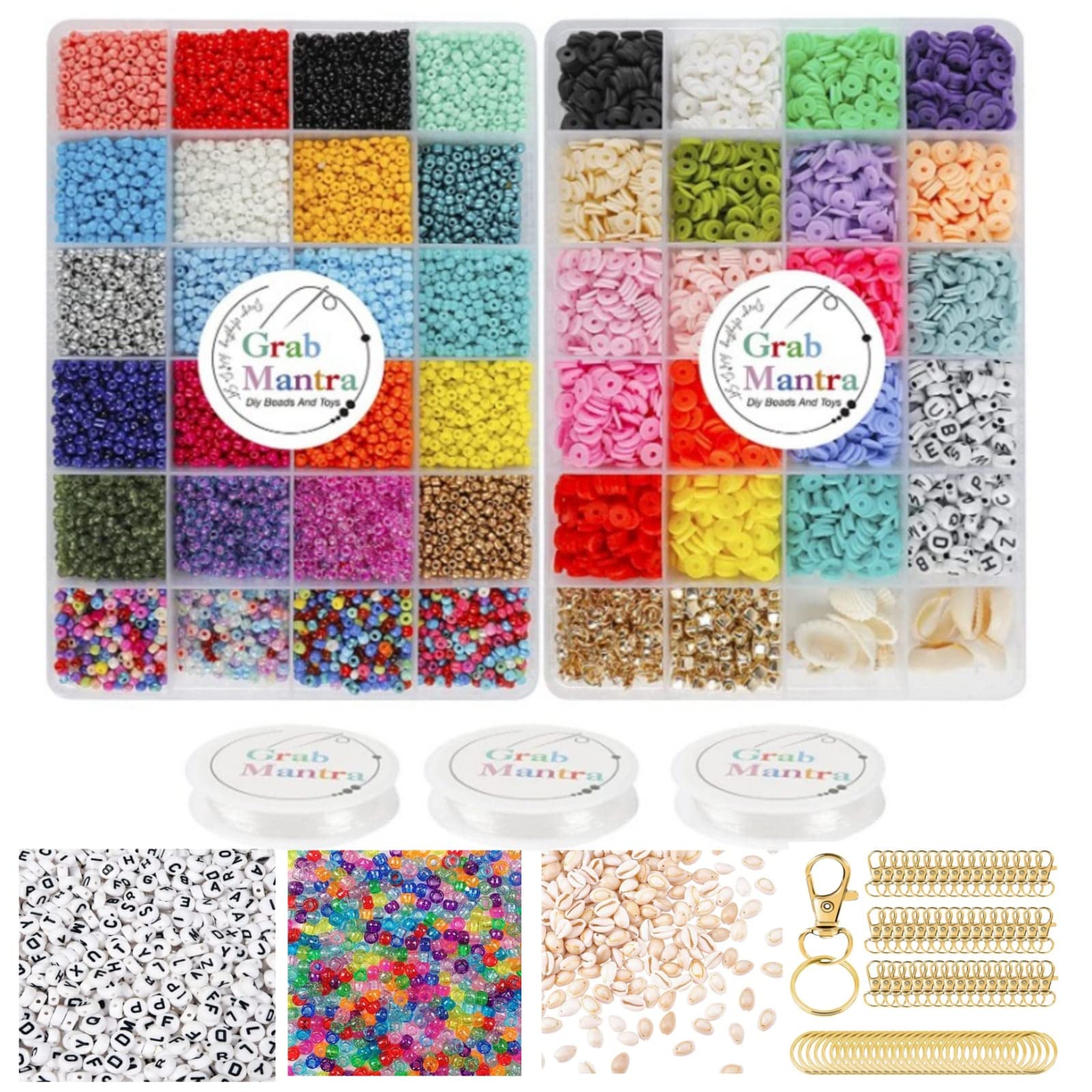 Grab Mantra5000 Pcs Clay flat 6mm Polymer spacer Beads,24 Color 3MM Glass Seed Beads and Letter Beads for Bracelets, Necklace Making Kit(Clay+Glass 4)