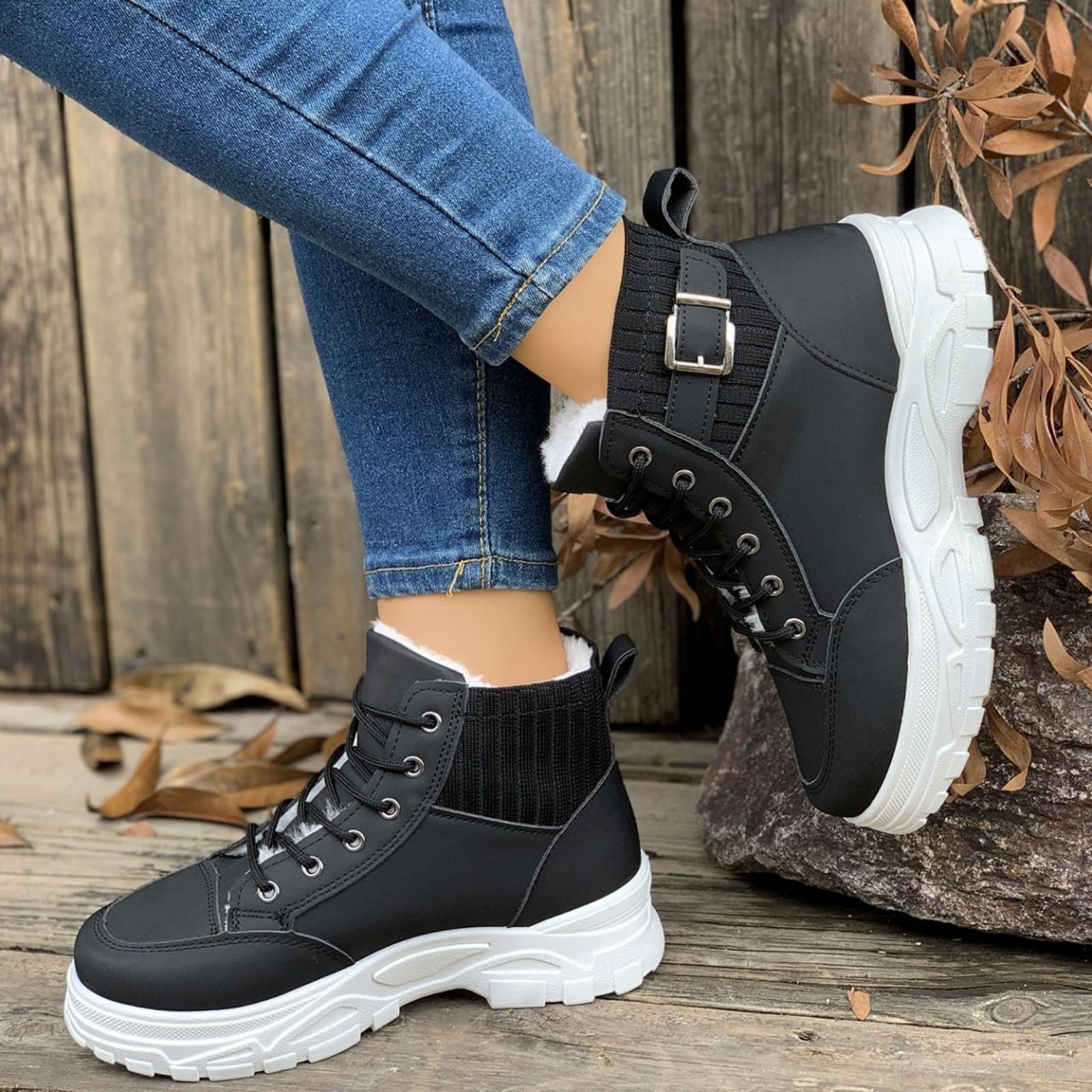 Męskie zimowe trampki z wysoką cholewką, ciepłe, z podszewką z futra, na co dzień, sznurowane buty do codziennego chodzenia i streetwear, Czarny, 40 EU