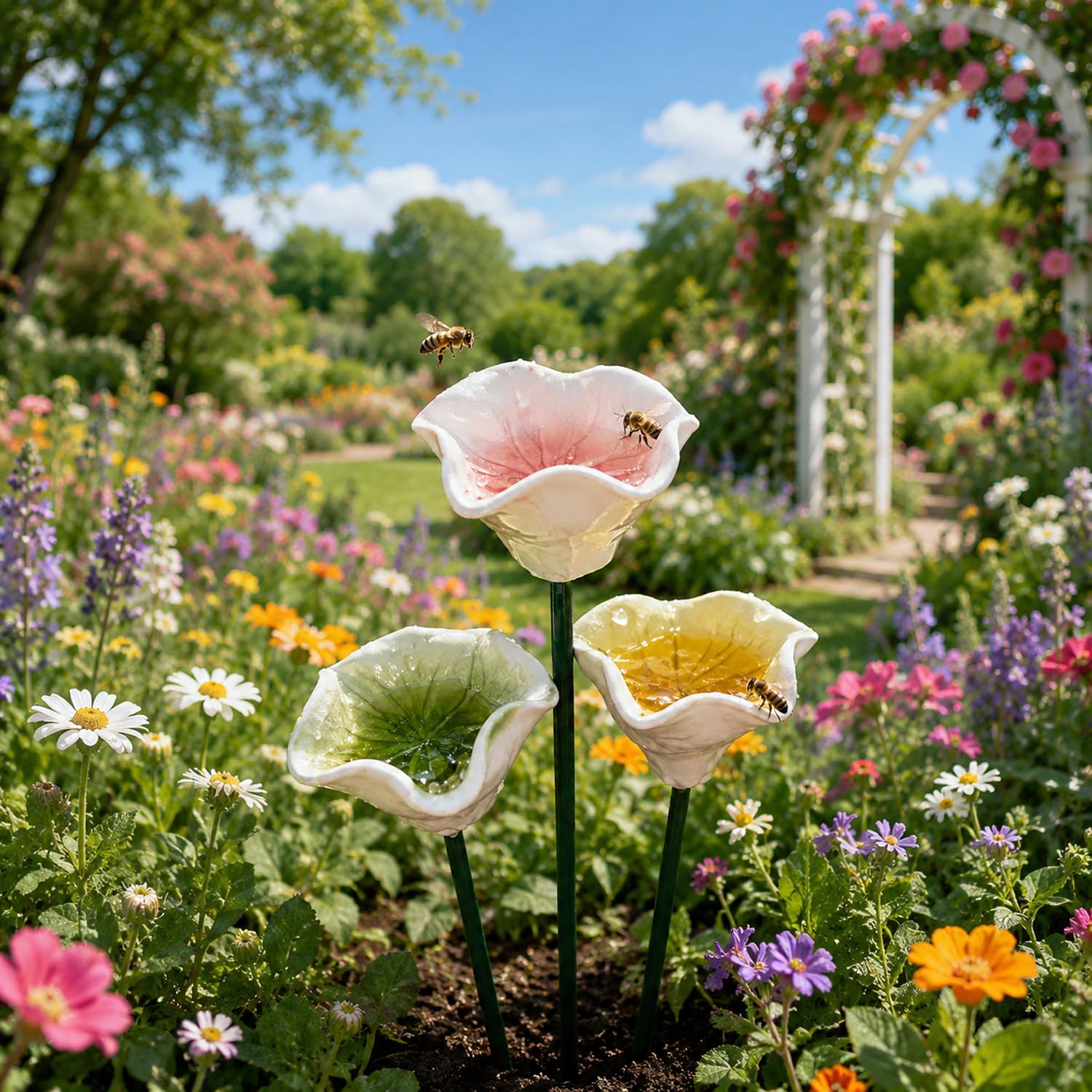 Handmade Ceramic Mini Pollinator Watering Station Colorful Flower Bee Water Feeder and Butterfly Bird Bath Small Outdoor Garden Stake Yard Art Decor Gift for Nature Lovers (3 pieces)
