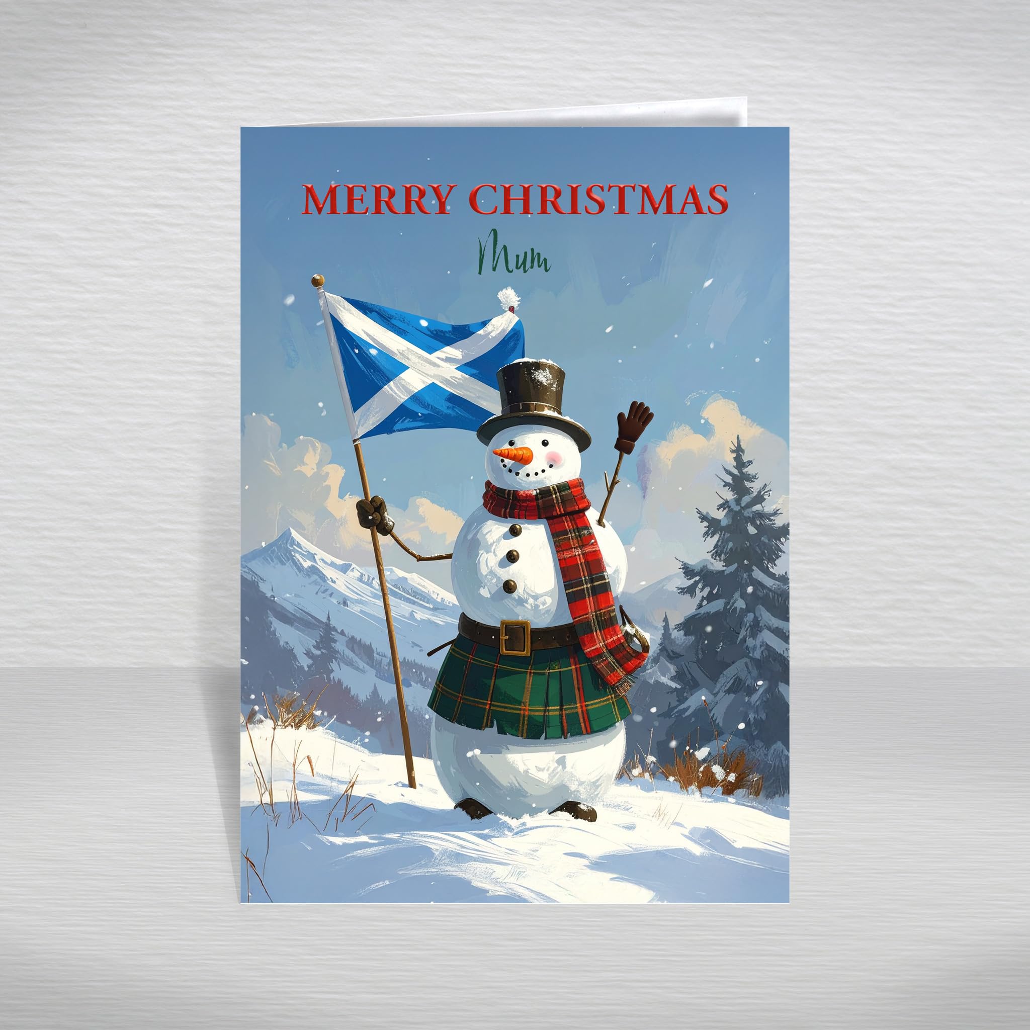 Funny Scottish Christmas Card for Mum, Mother, Mom – Humorous Snowman in Tartan Kilt Holding St Andrew’s Flag, A5 Greeting with Verse: Mum Christmas Card — image 1