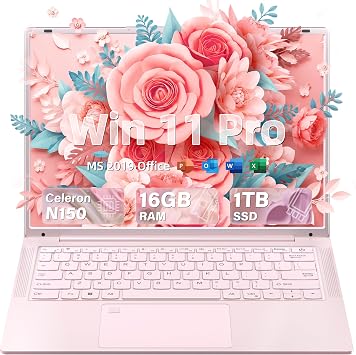 14-inch Pink Laptop for College Students | Lightweight 3.1lbs with 1TB SSD 16GB RAM | 2K IPS Screen for Netflix & Homework | N150 Processor, Backlit Keyboard, Fingerprint, Win 11 Pro