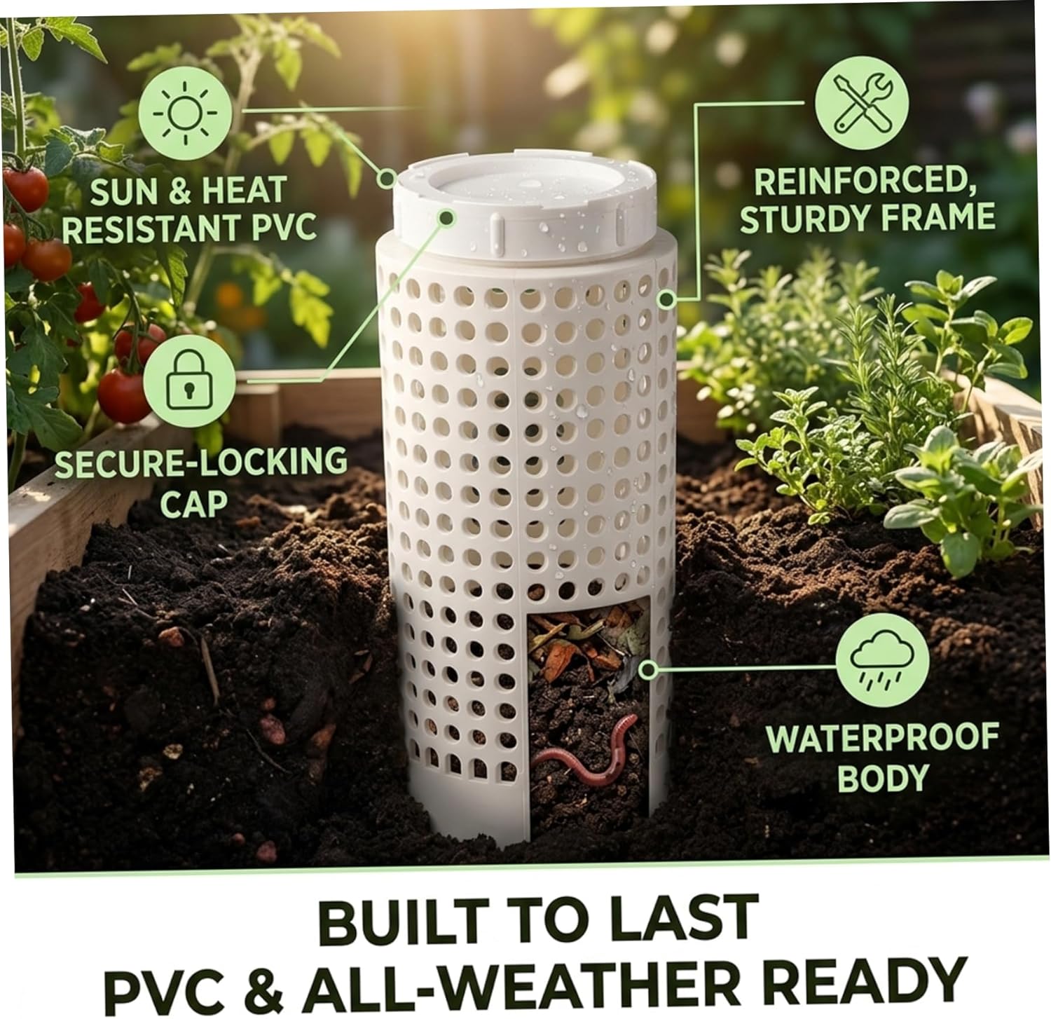 In Ground Worm Composter PVC Composter with Multiple Hole Patterns Ideal for Garden Beds Aquaculture Worm Farm Filtration (2Pcs Round Holes with Covers)
