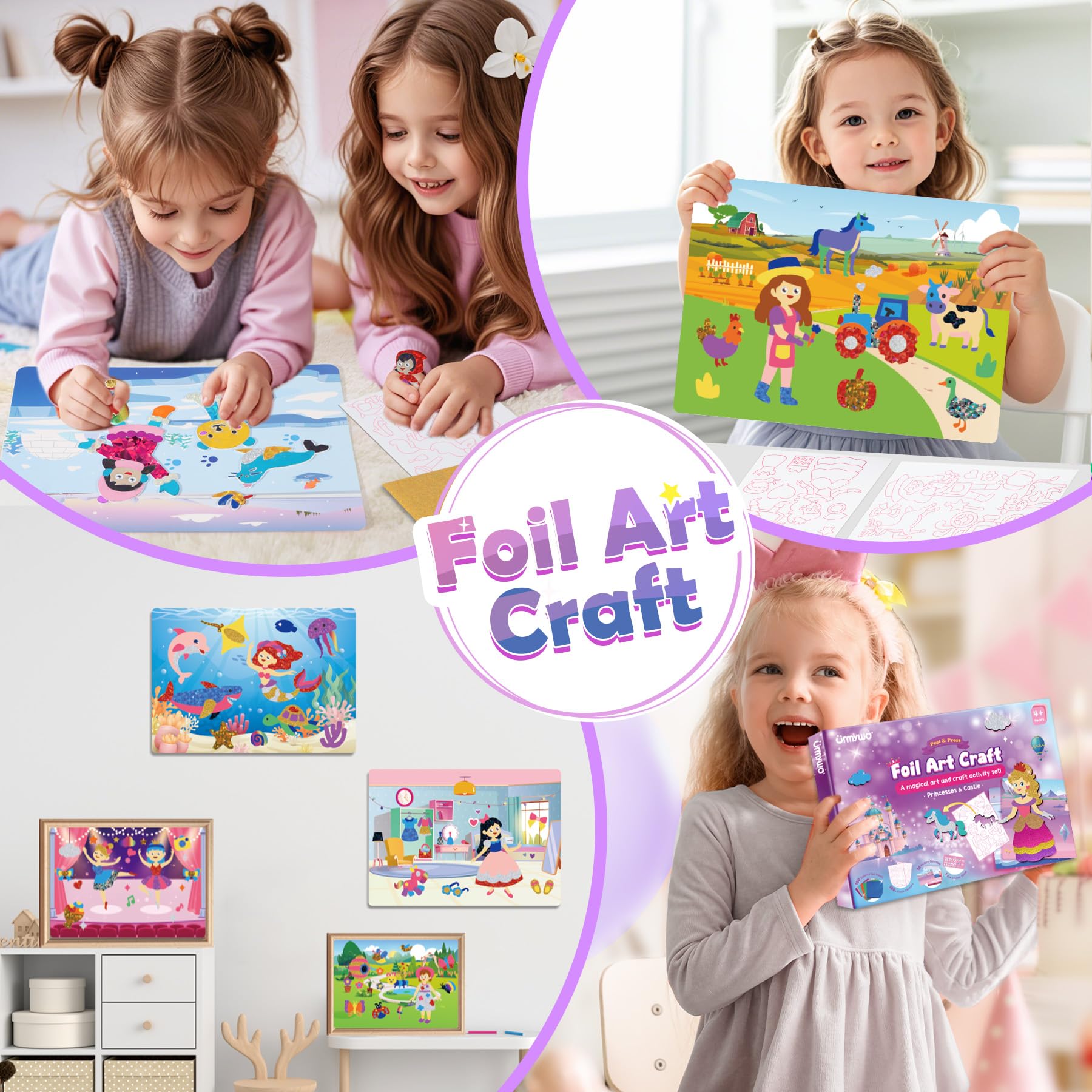 URMYWO Folia do zabawy dla dzieci, Księżniczka Foil Art dla dzieci, zestawy do majsterkowania dla dziewczynek w wieku 3-10, zestawy DIY zabawka podróżna na Boże Narodzenie urodziny Wielkanoc