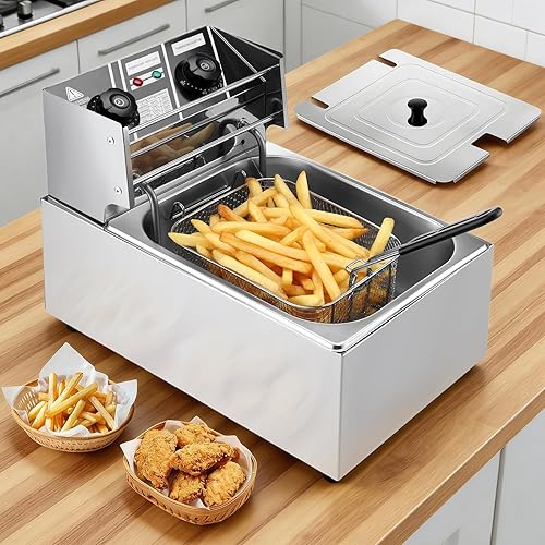Freidora eléctrica de 6 litros con canasta, freidora de aceite de encimera de 2500 W con temporizador y temperatura ajustable, olla de acero