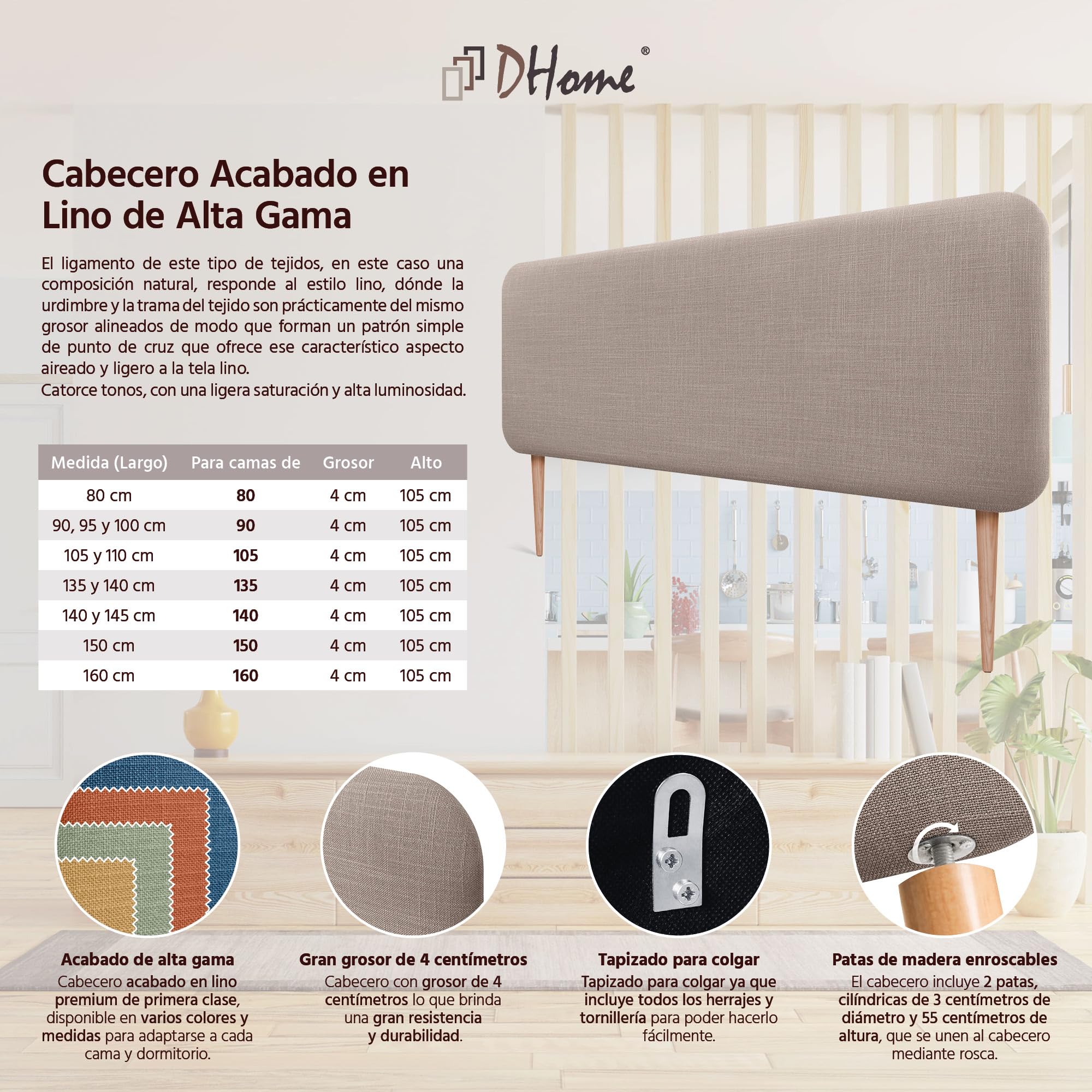 DHOME Cabecero Tapizado Liso Redondeado Lino Natural con Patas para Pared Acústicos Cabeceros Absorbentes Cabezal Cama Dormitorio (Tierra, 140cm)