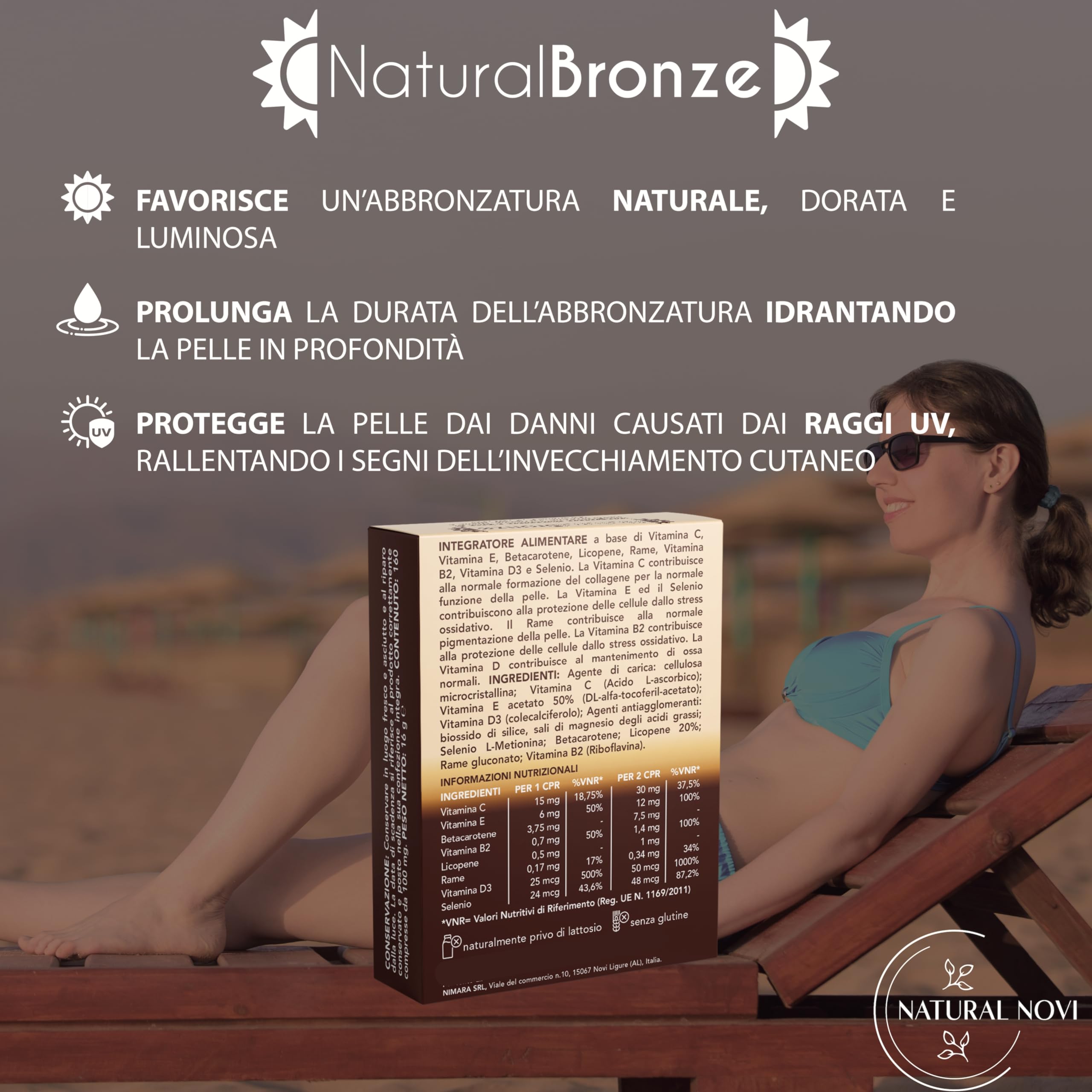Integratore Abbronzatura NaturalBronze | 160 compresse | Betacarotene, Licopene, Rame, Selenio, Vitamine B, C, D, E | Attivatore Abbronzatura forte | Prepara accelera protegge e mantiene pelle dorata