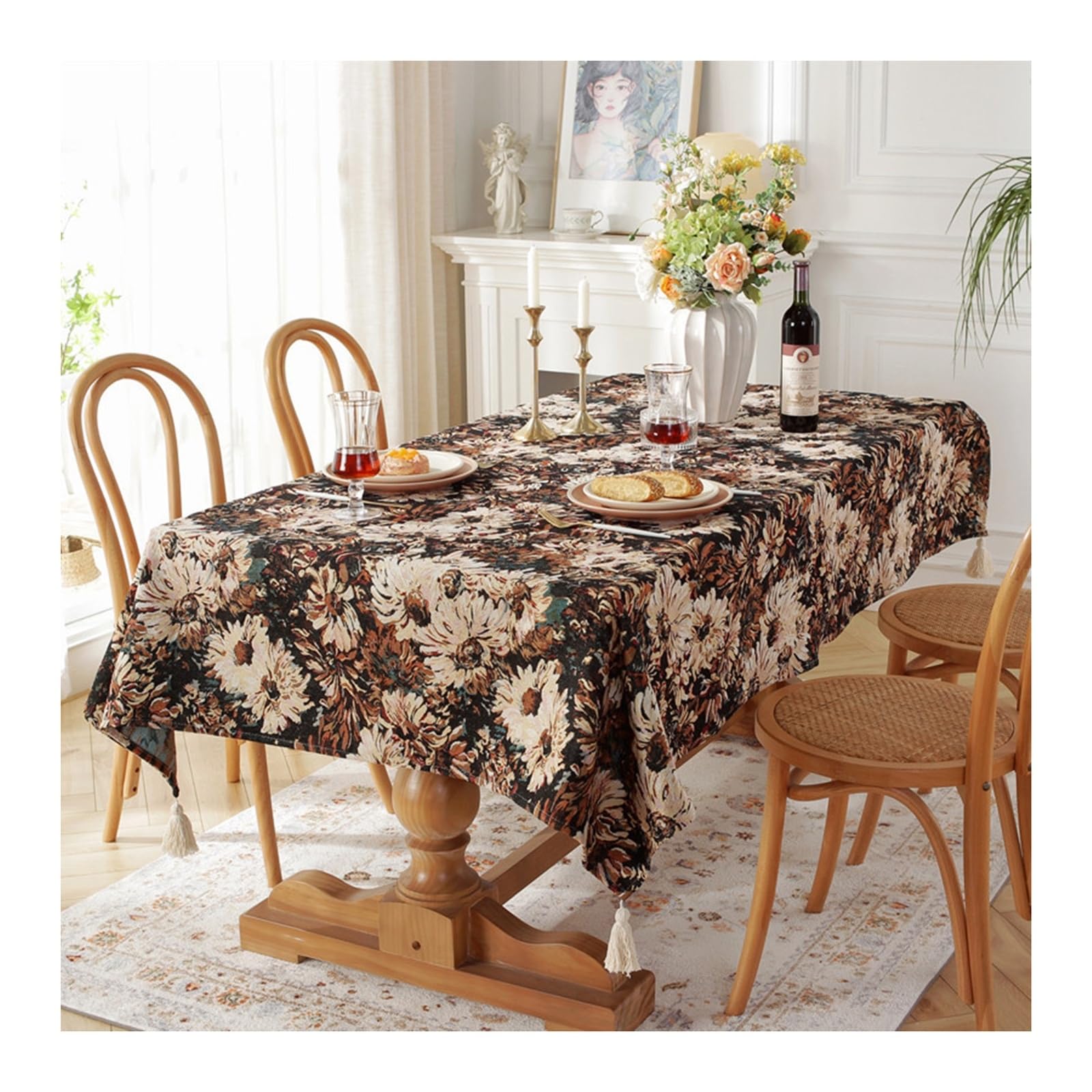 Nappe jacquard marguerite noir KnSam 90x90cm pour repas et café sur table carrée