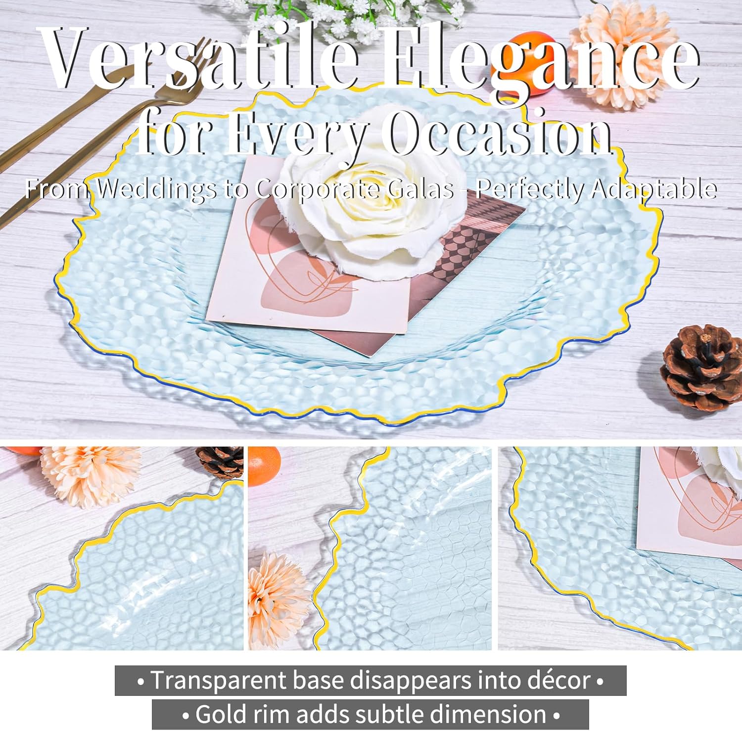 100 Pcs Clear Charger Plates 13 Inch Hammered Blue Plastic Charger Plates with Gold Rim, Transparent Blue Chargers for Dinner Plate, Stone Texture Plate Round Chargers for Wedding Party, Event