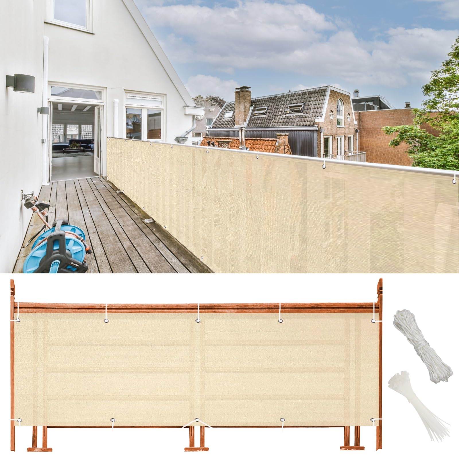 Balcone esterno 50x350 "Protezione dal vento e dai raggi UV HDPE Balcone Recinzione per Appartamento Balcone Schermatura per Giardino Colore Crema