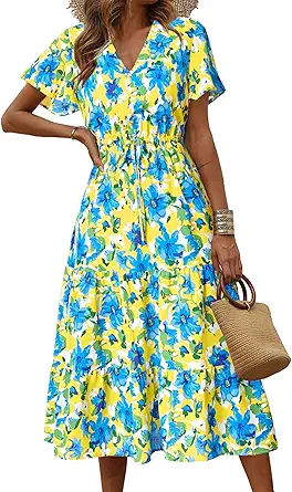 PRETTYGARDEN Summer Floral Dress for Women 2025 Casual Boho Short Sleeve Maxi Dresses V Neck Tiered Flowy Beach Sundress