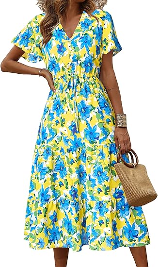 PRETTYGARDEN Summer Floral Dress for Women 2025 Casual Boho Short Sleeve Maxi Dresses V Neck Tiered Flowy Beach Sundress