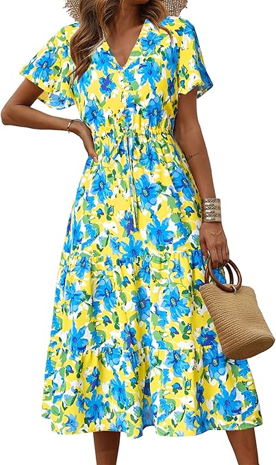 PRETTYGARDEN Summer Floral Dress for Women 2025 Casual Boho Short Sleeve Maxi Dresses V Neck Tiered Flowy Beach Sundress