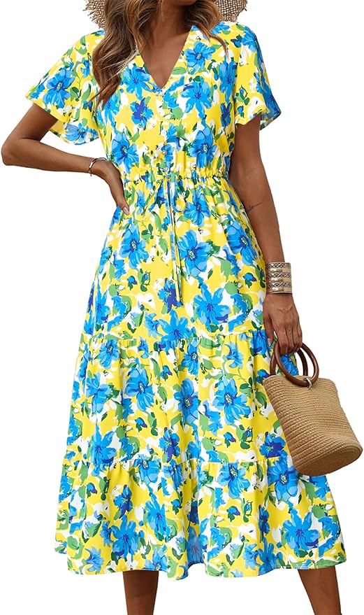 PRETTYGARDEN Summer Floral Dress for Women 2025 Casual Boho Short Sleeve Maxi Dresses V Neck Tiered Flowy Beach Sundress