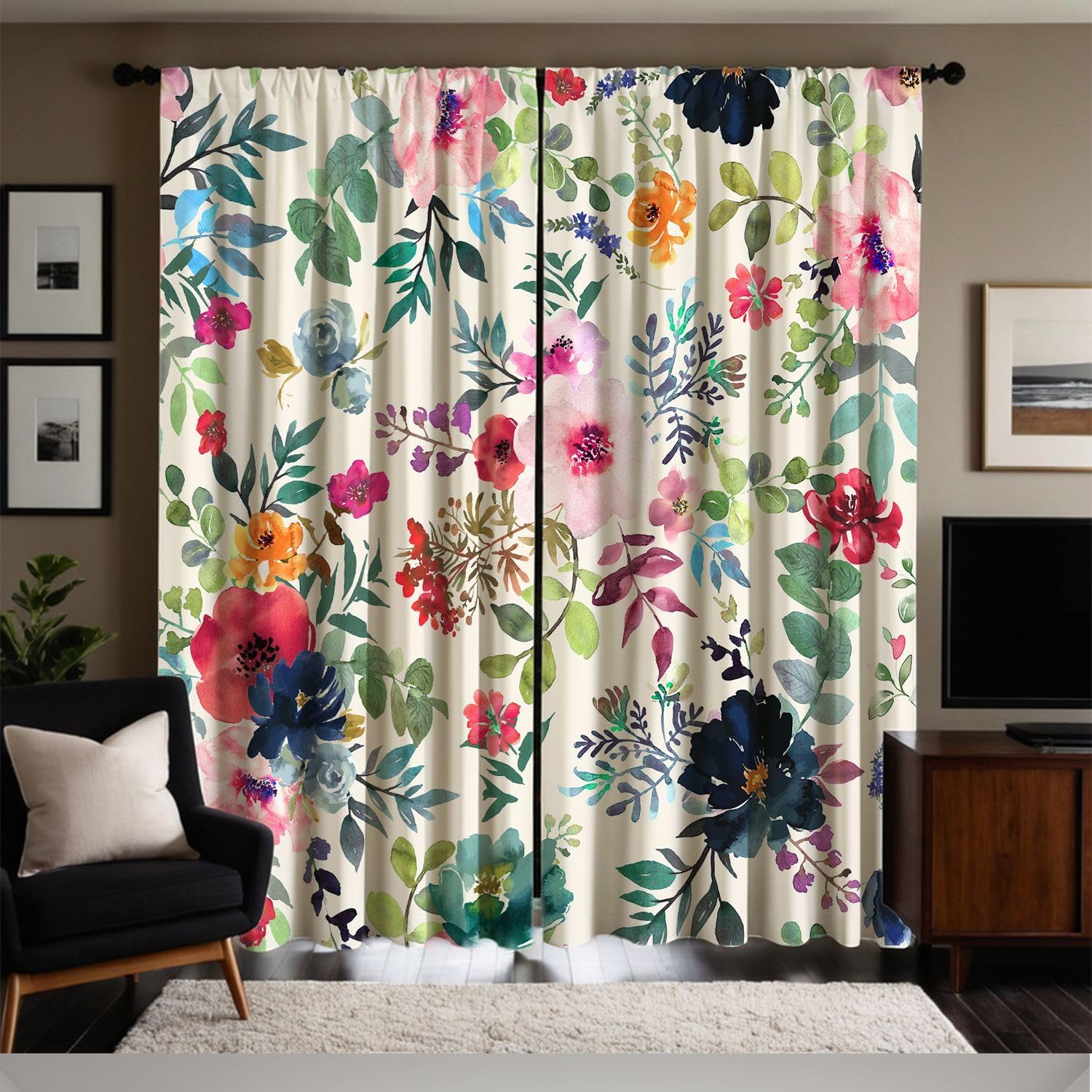 Colorful Floral Kitchen Curtains, Watercolor Summer Spring Wild Flower Drapes, Botanical Window Panels for Nursery Dining Room Living Room, 2 Panel Sets, 31.5x72 Inch